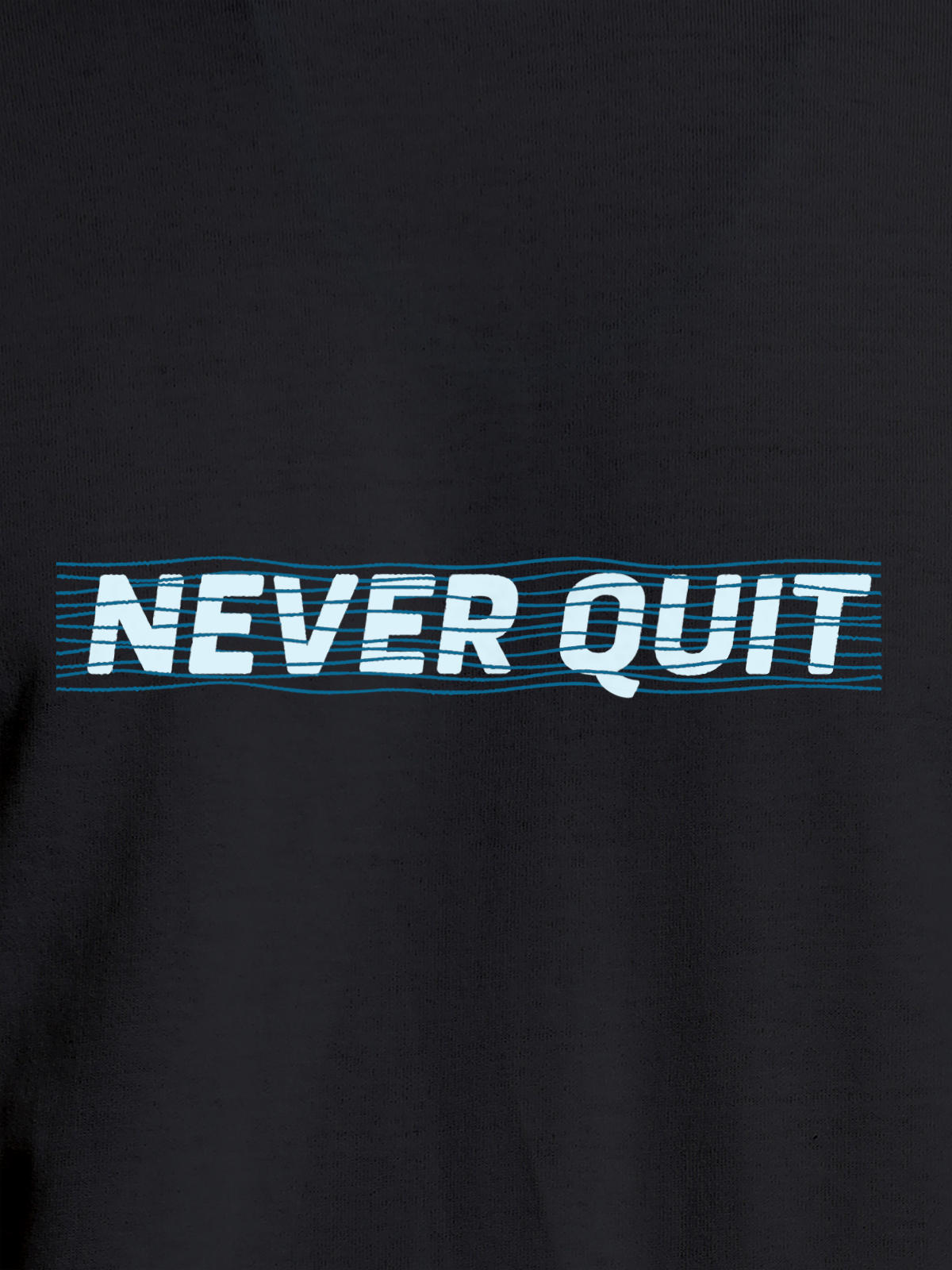 Close up of 'Never Quit' design on Men's Dark Grey Round Neck T-shirt, highlighting intricate details and vibrant print.