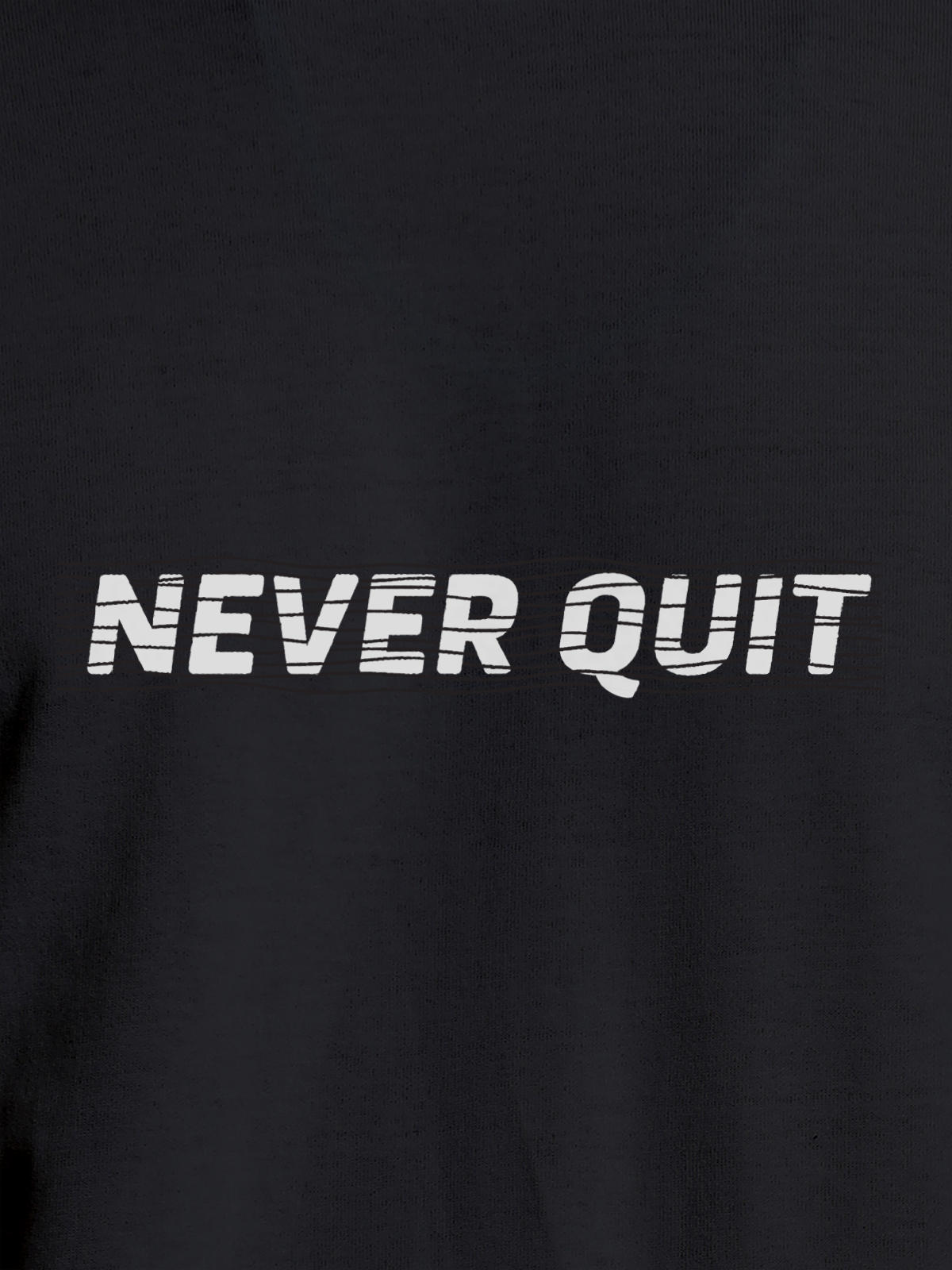 Close up of 'Never Quit' design on Men's Dark Grey Round Neck T-shirt, highlighting intricate details and vibrant print.