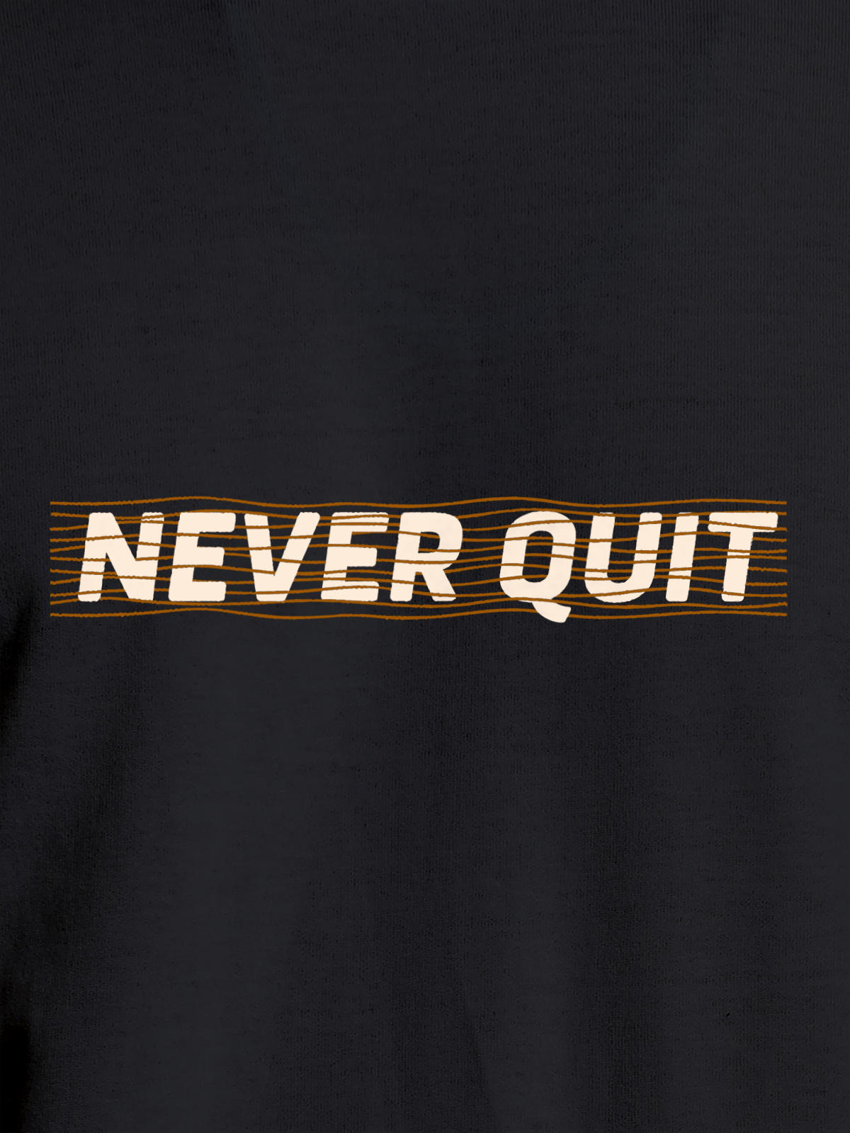 Close up of 'Never Quit' design on Men's Dark Grey Round Neck T-shirt, highlighting intricate details and vibrant print.