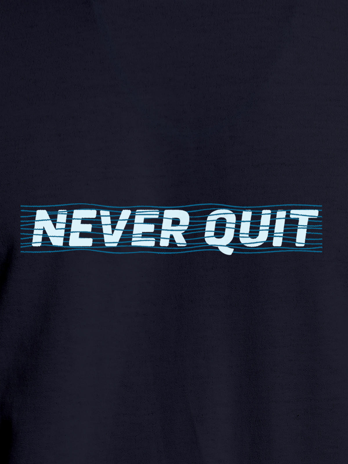 Close up of 'Never Quit' design on Men's Navy Blue Round Neck T-shirt, highlighting intricate details and vibrant print.