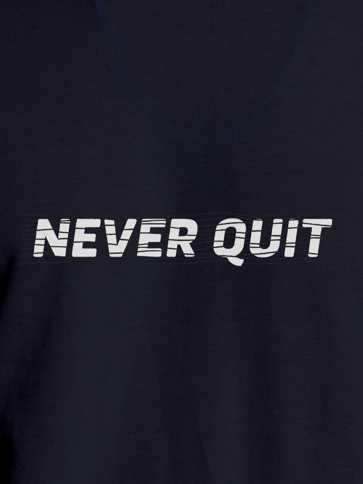 Close up of 'Never Quit' design on Men's Navy Blue Round Neck T-shirt, highlighting intricate details and vibrant print.