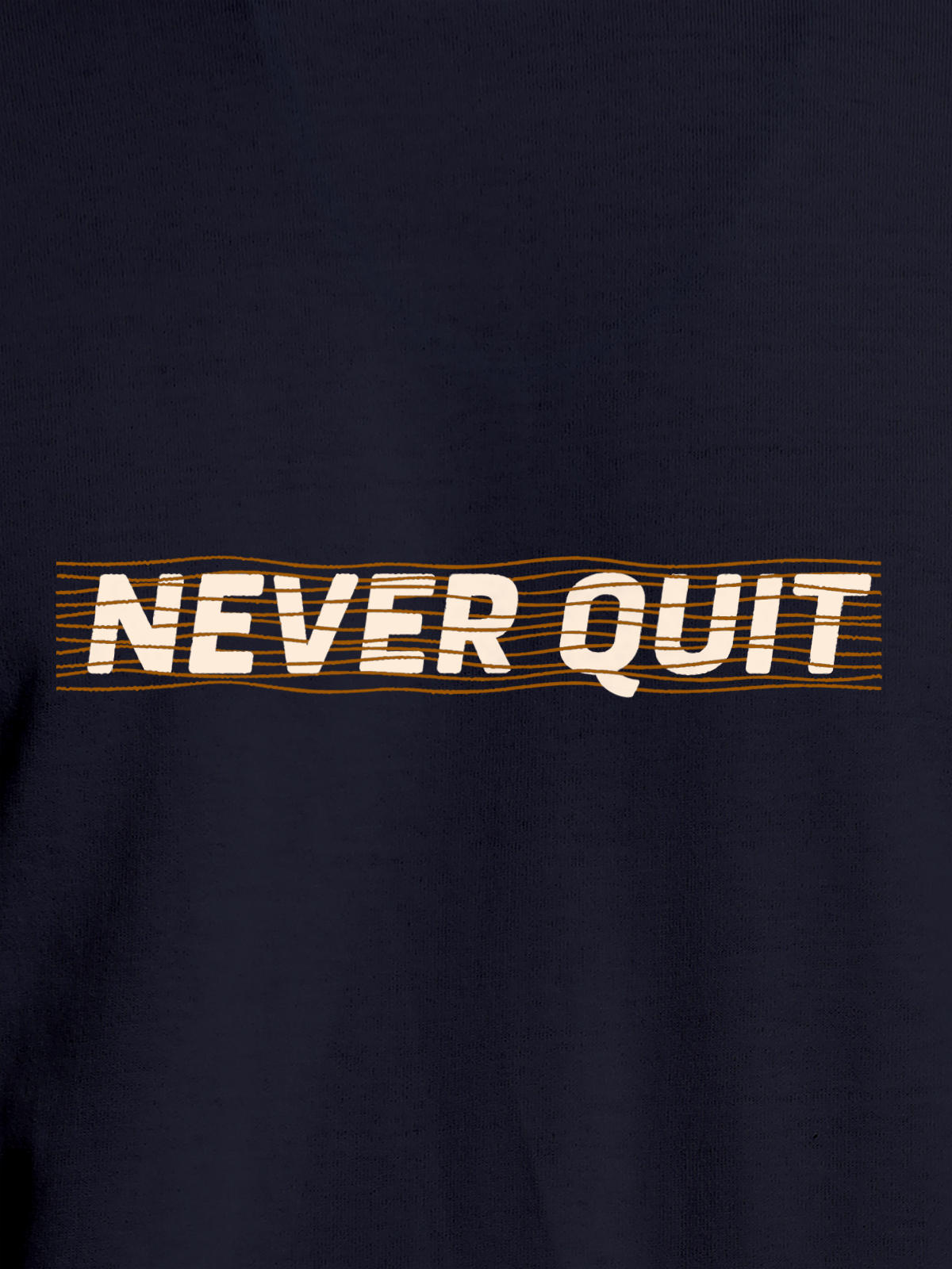 Close up of 'Never Quit' design on Men's Navy Blue Round Neck T-shirt, highlighting intricate details and vibrant print.