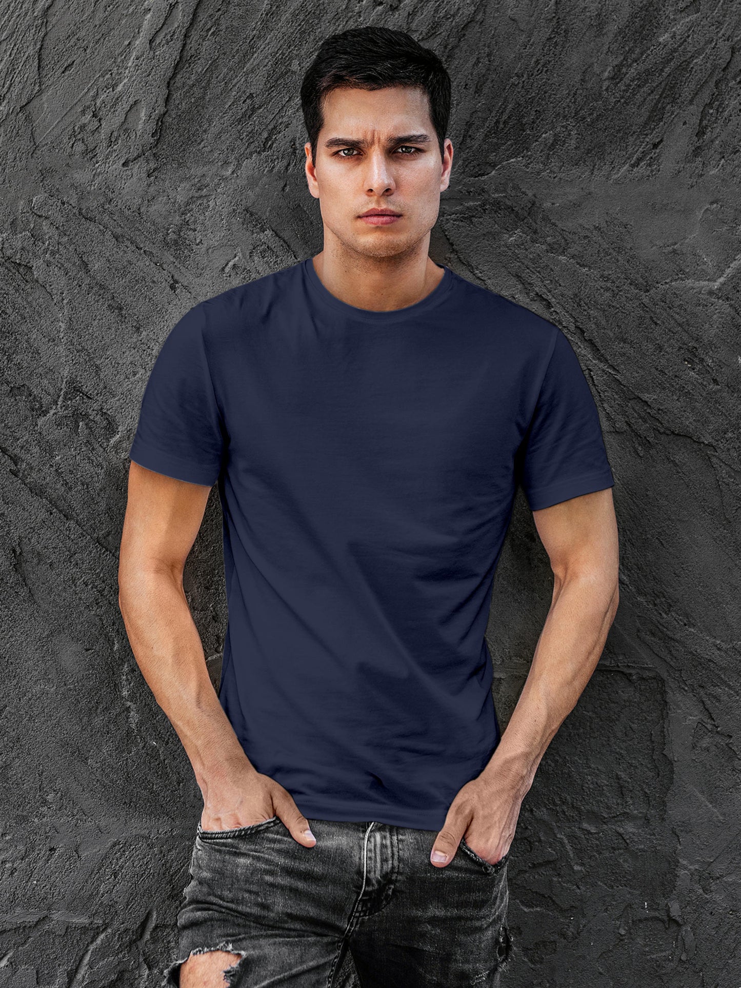 Back view of Fighterhero Men's Navy Blue Round Neck T-shirt, highlighting the modern look and clean finish