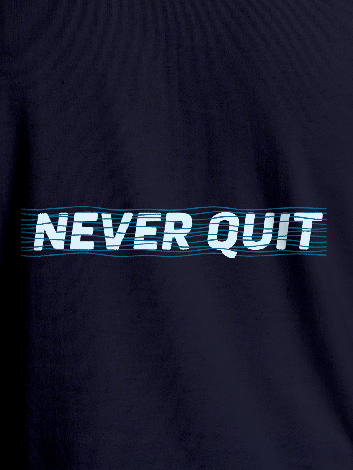 Close up of 'Never Quit' design on Women's Navy Blue Round Neck T-shirt, highlighting intricate details and vibrant print.