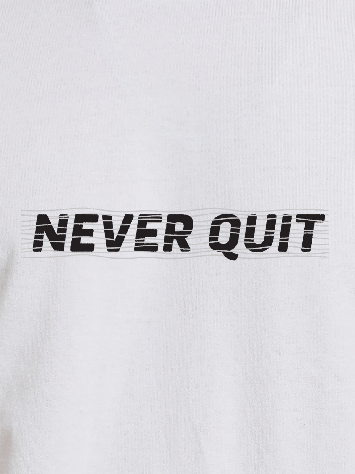Close up of 'Never Quit' design on Men's White Round Neck T-shirt, highlighting intricate details and vibrant print.