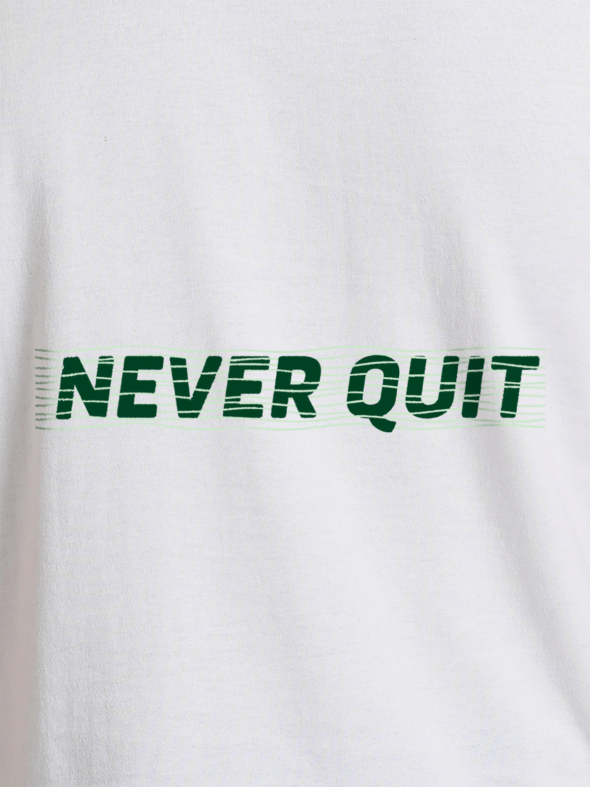 Close up of 'Never Quit' design on Women's White Round Neck T-shirt, highlighting intricate details and vibrant print.