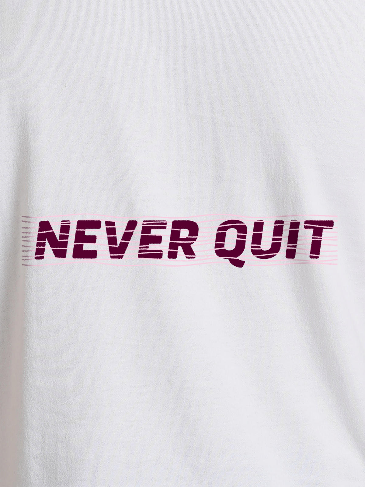 Close up of 'Never Quit' design on Women's White Round Neck T-shirt, highlighting intricate details and vibrant print.