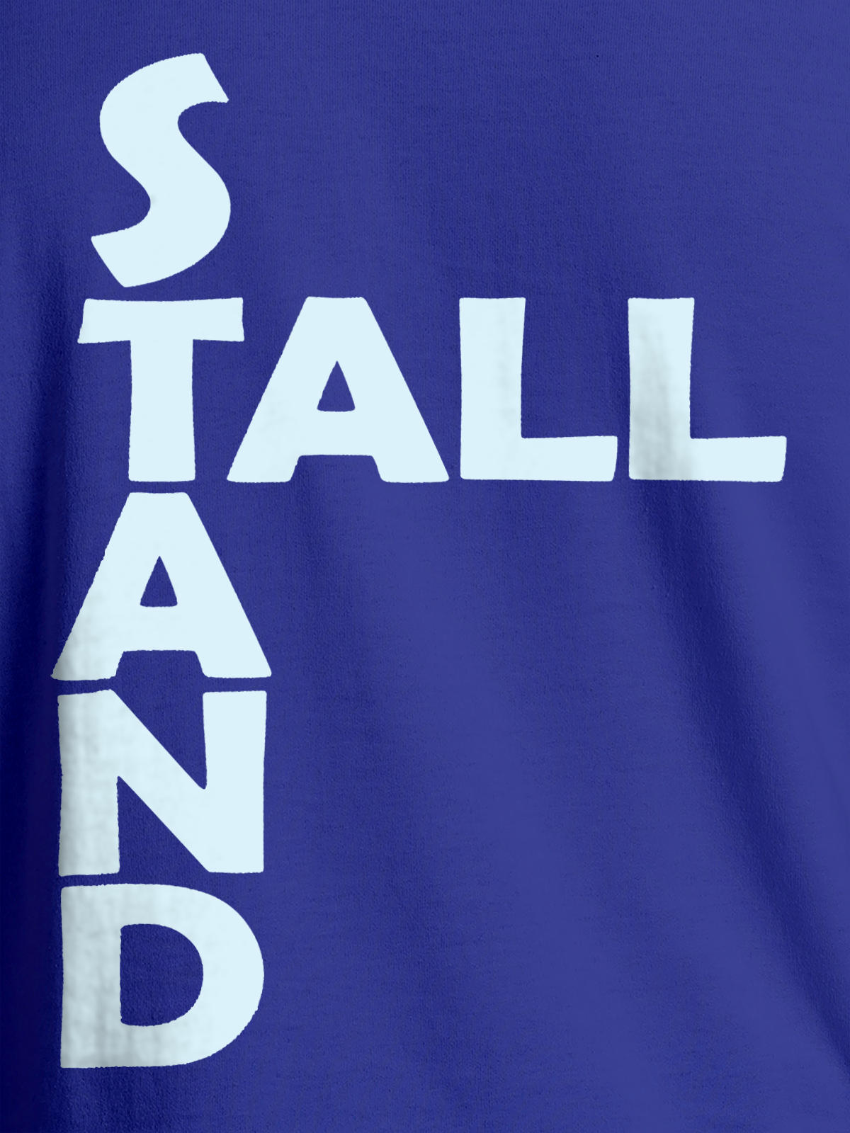Close up of 'Stand Tall' design on Men's Blue Round Neck T-shirt, highlighting intricate details and vibrant print.