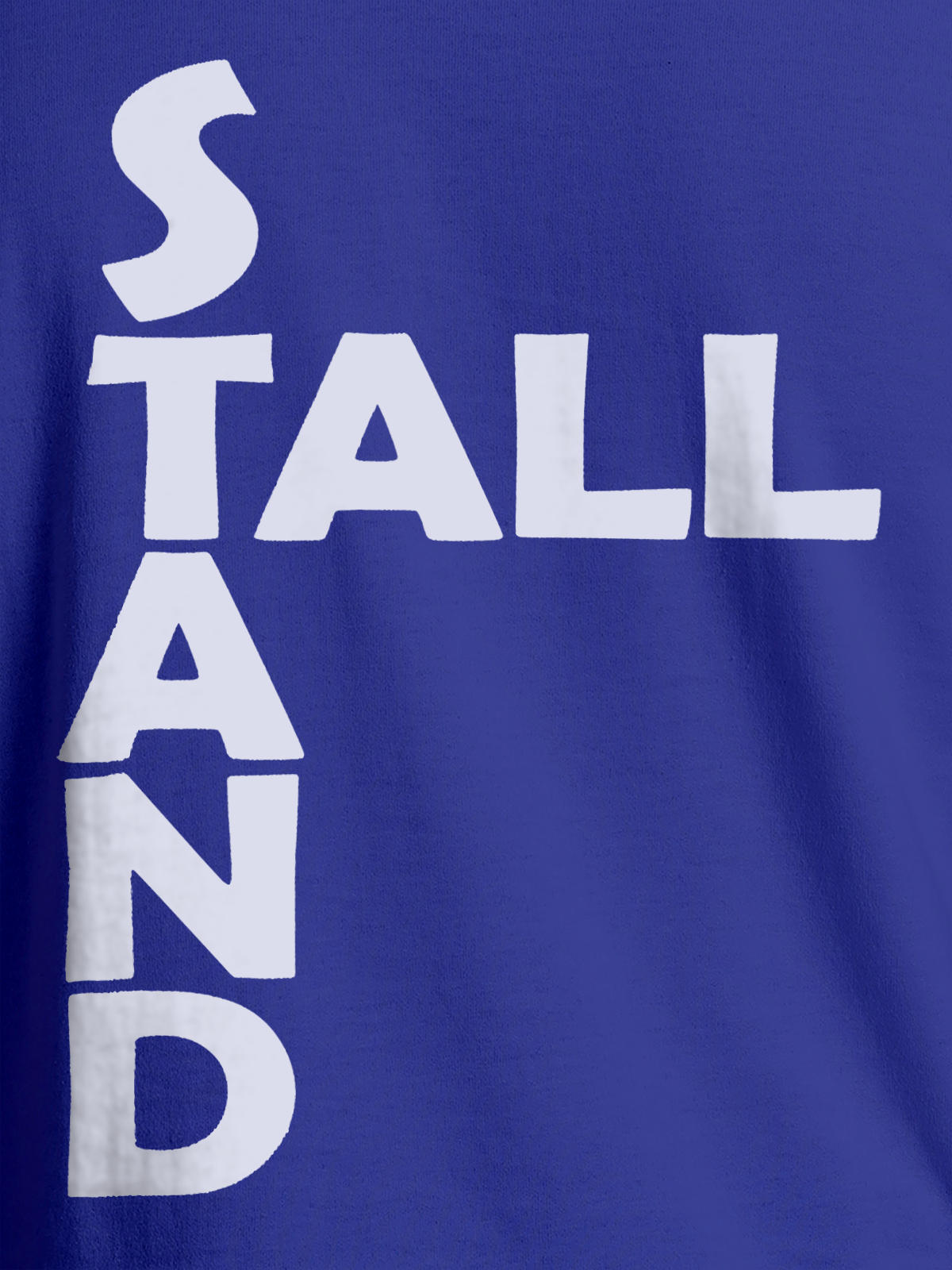 Close up of 'Stand Tall' design on Men's Blue Round Neck T-shirt, highlighting intricate details and vibrant print.