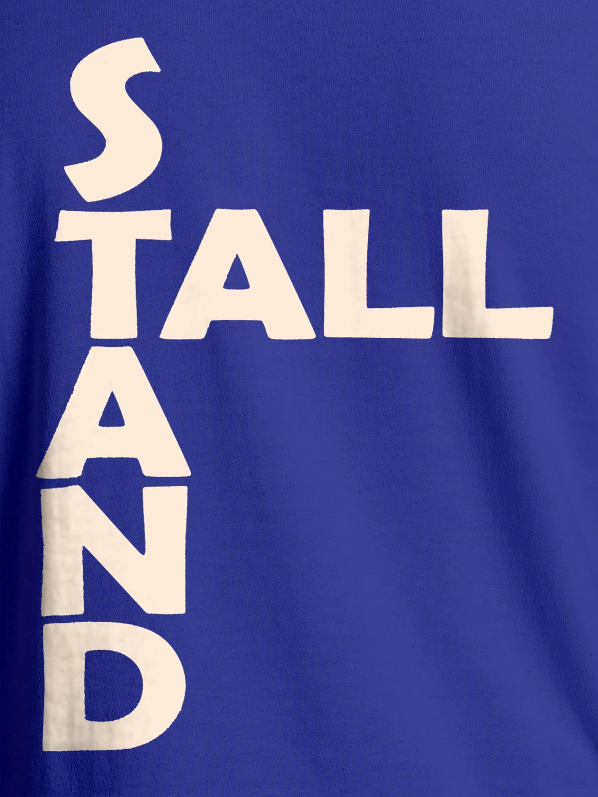 Close up of 'Stand Tall' design on Men's Blue Round Neck T-shirt, highlighting intricate details and vibrant print.