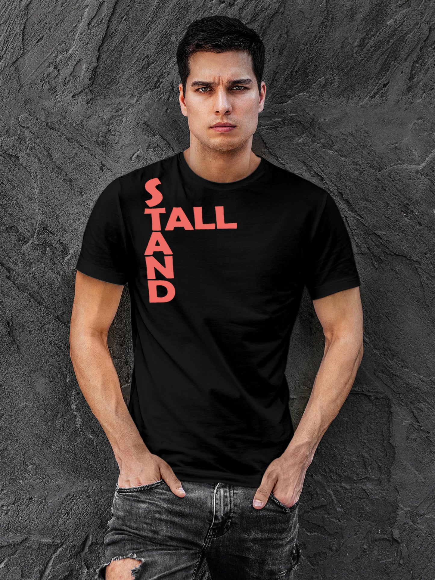 Model wearing Men's Black Round Neck T-shirt with 'Stand Tall' design, offering effortless style and premium comfort