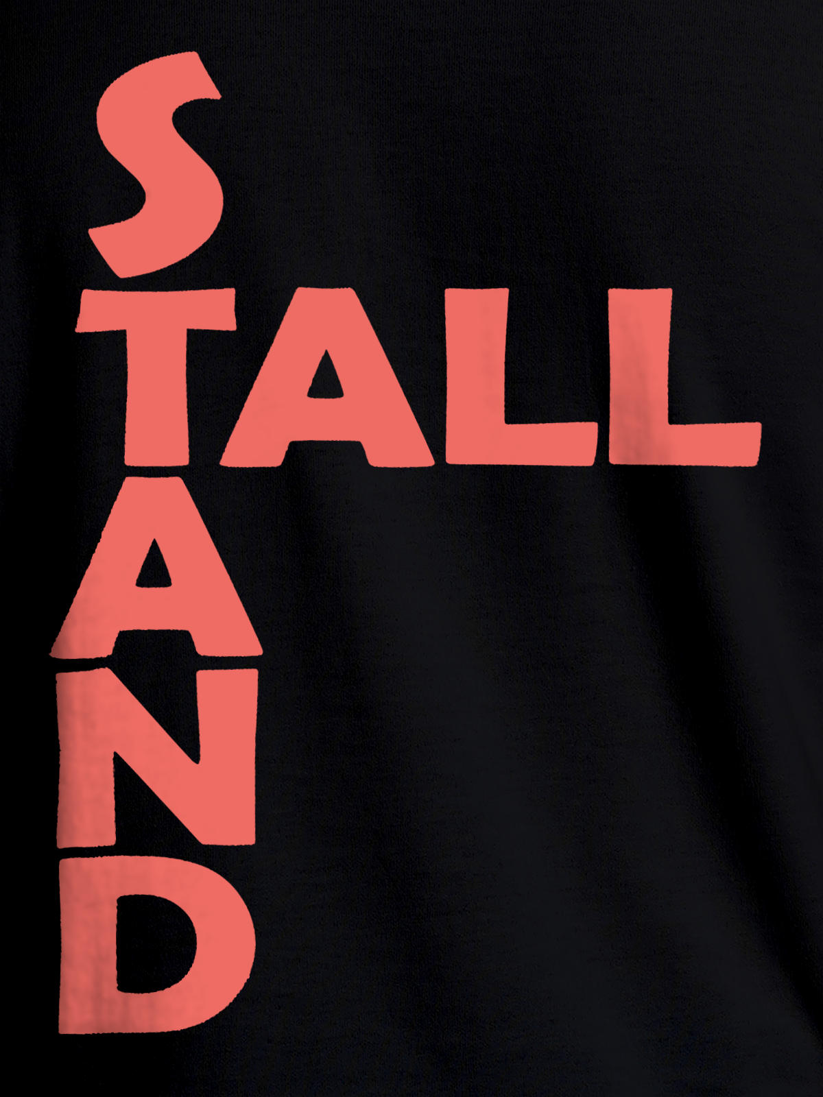 Close up of 'Stand Tall' design on Men's Black Round Neck T-shirt, highlighting intricate details and vibrant print.
