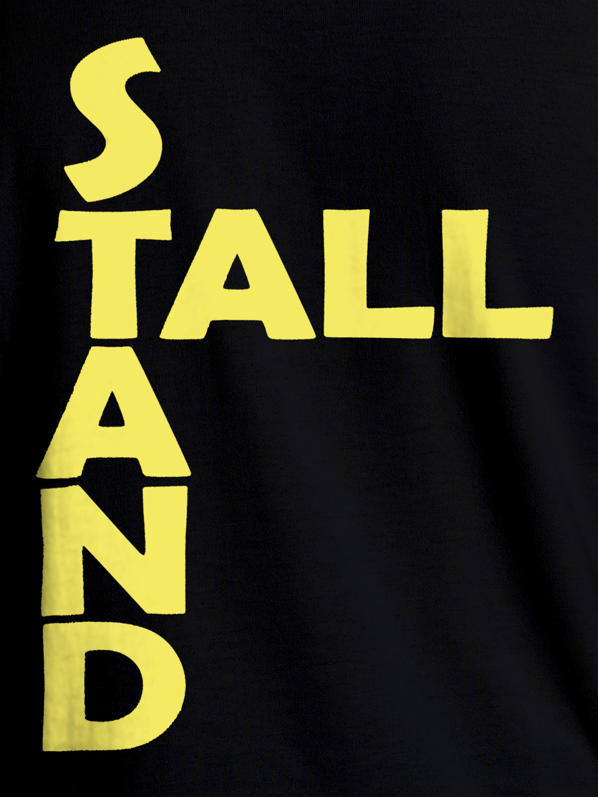 Close up of 'Stand Tall' design on Men's Black Round Neck T-shirt, highlighting intricate details and vibrant print.