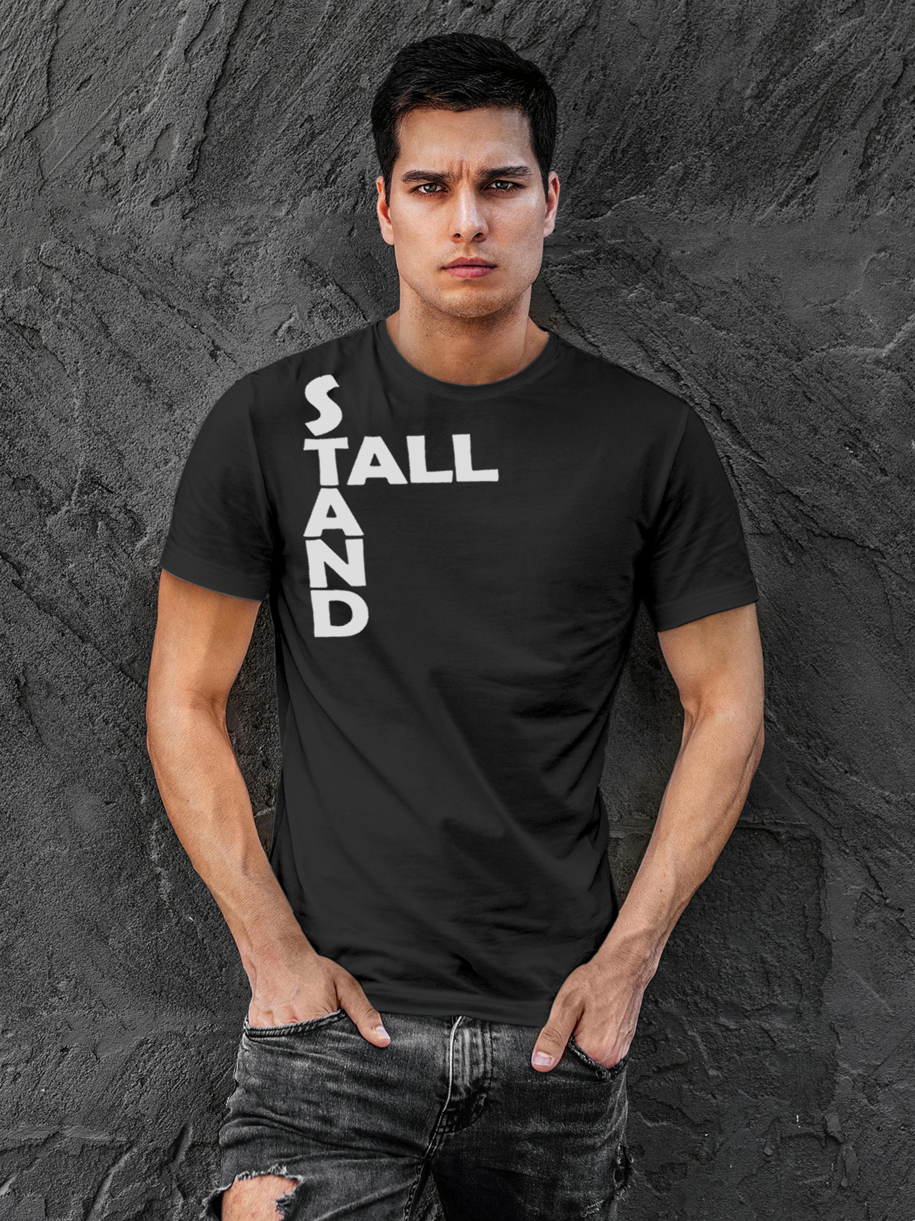 Model wearing Men's Dark Grey Round Neck T-shirt with 'Stand Tall' design, offering effortless style and premium comfort