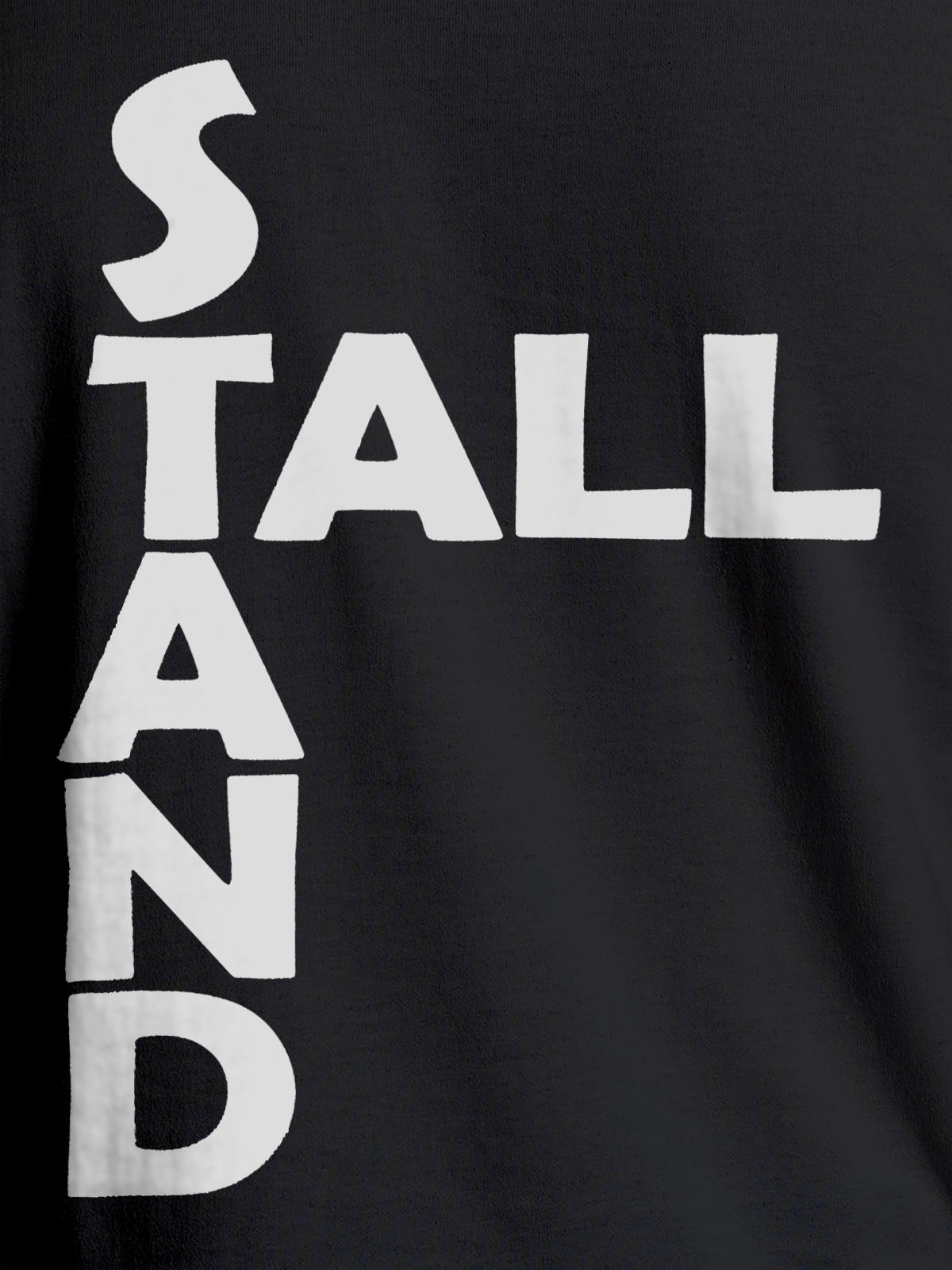 Close up of 'Stand Tall' design on Men's Dark Grey Round Neck T-shirt, highlighting intricate details and vibrant print.