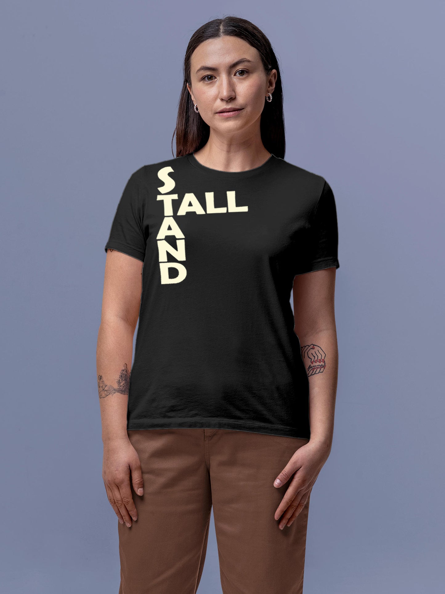 Model wearing Women's Dark Grey Round Neck T-shirt with 'Stand Tall' design, offering effortless style and premium comfort