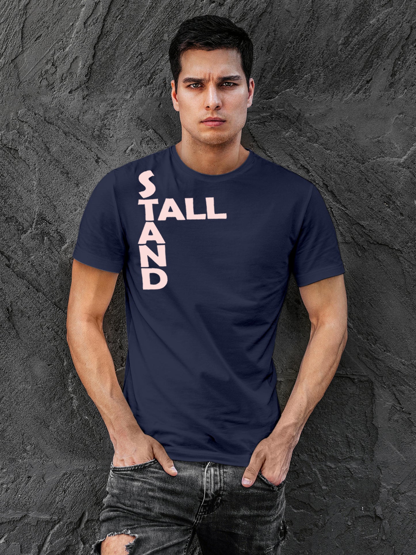 Model wearing Men's Navy Blue Round Neck T-shirt with 'Stand Tall' design, offering effortless style and premium comfort