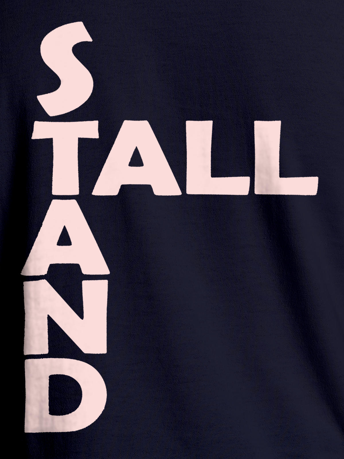 Close up of 'Stand Tall' design on Men's Navy Blue Round Neck T-shirt, highlighting intricate details and vibrant print.