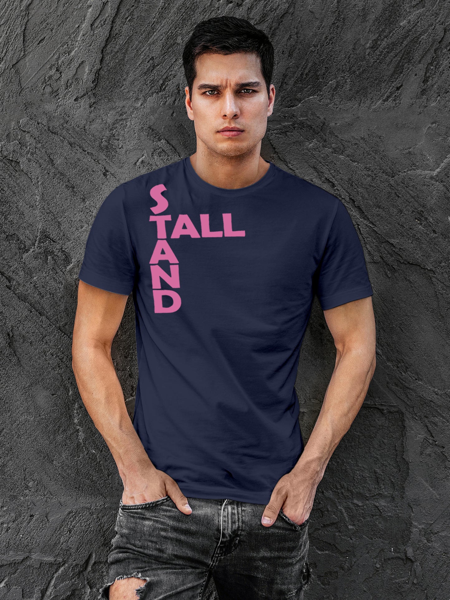 Model wearing Men's Navy Blue Round Neck T-shirt with 'Stand Tall' design, offering effortless style and premium comfort