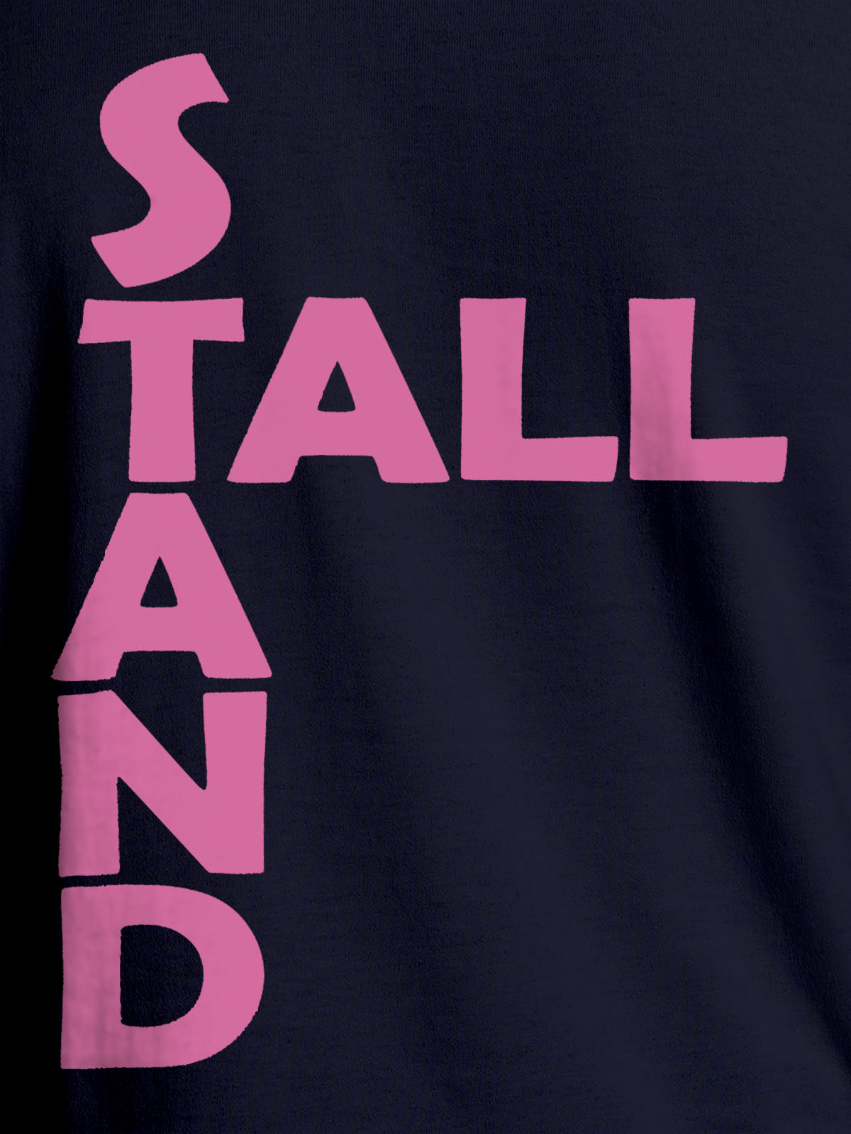Close up of 'Stand Tall' design on Men's Navy Blue Round Neck T-shirt, highlighting intricate details and vibrant print.