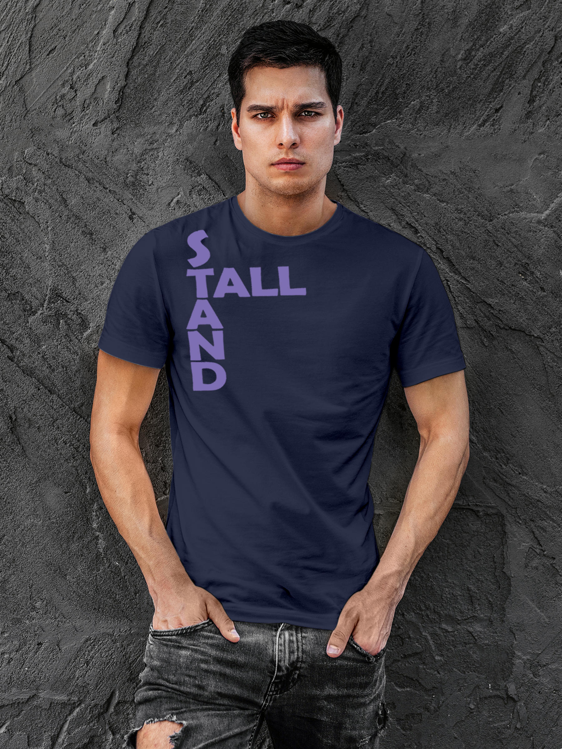 Model wearing Men's Navy Blue Round Neck T-shirt with 'Stand Tall' design, offering effortless style and premium comfort