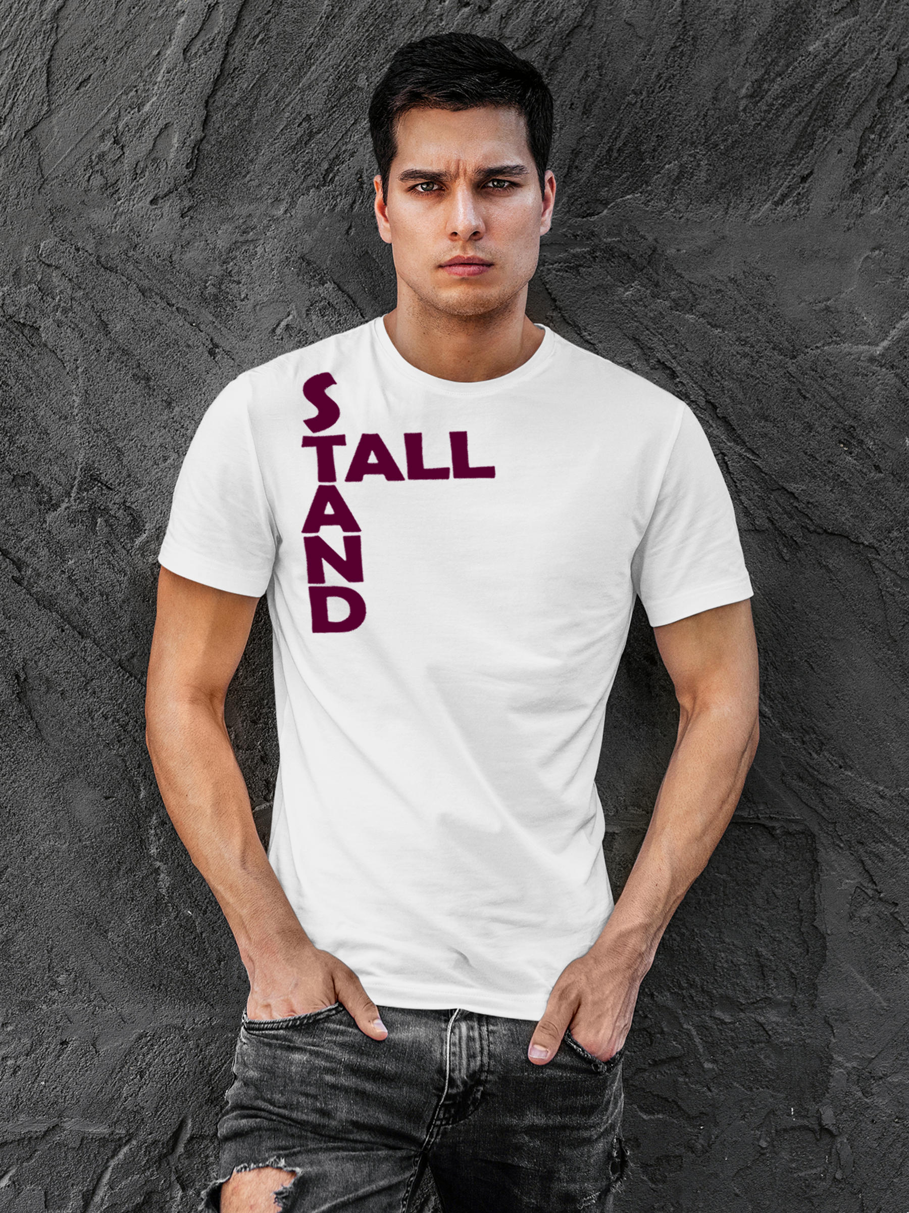 Model wearing Men's White Round Neck T-shirt with 'Stand Tall' design, offering effortless style and premium comfort