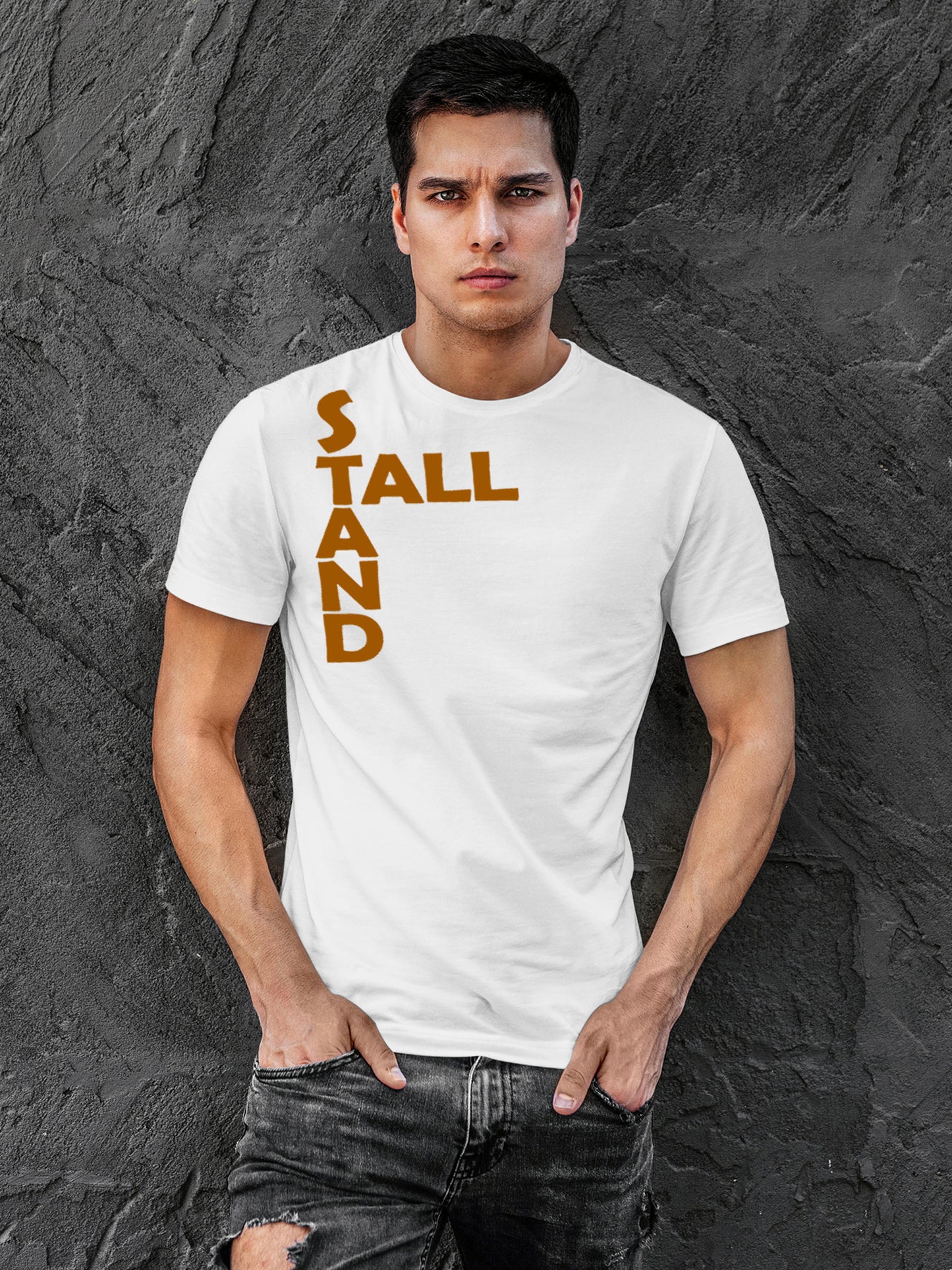 Model wearing Men's White Round Neck T-shirt with 'Stand Tall' design, offering effortless style and premium comfort