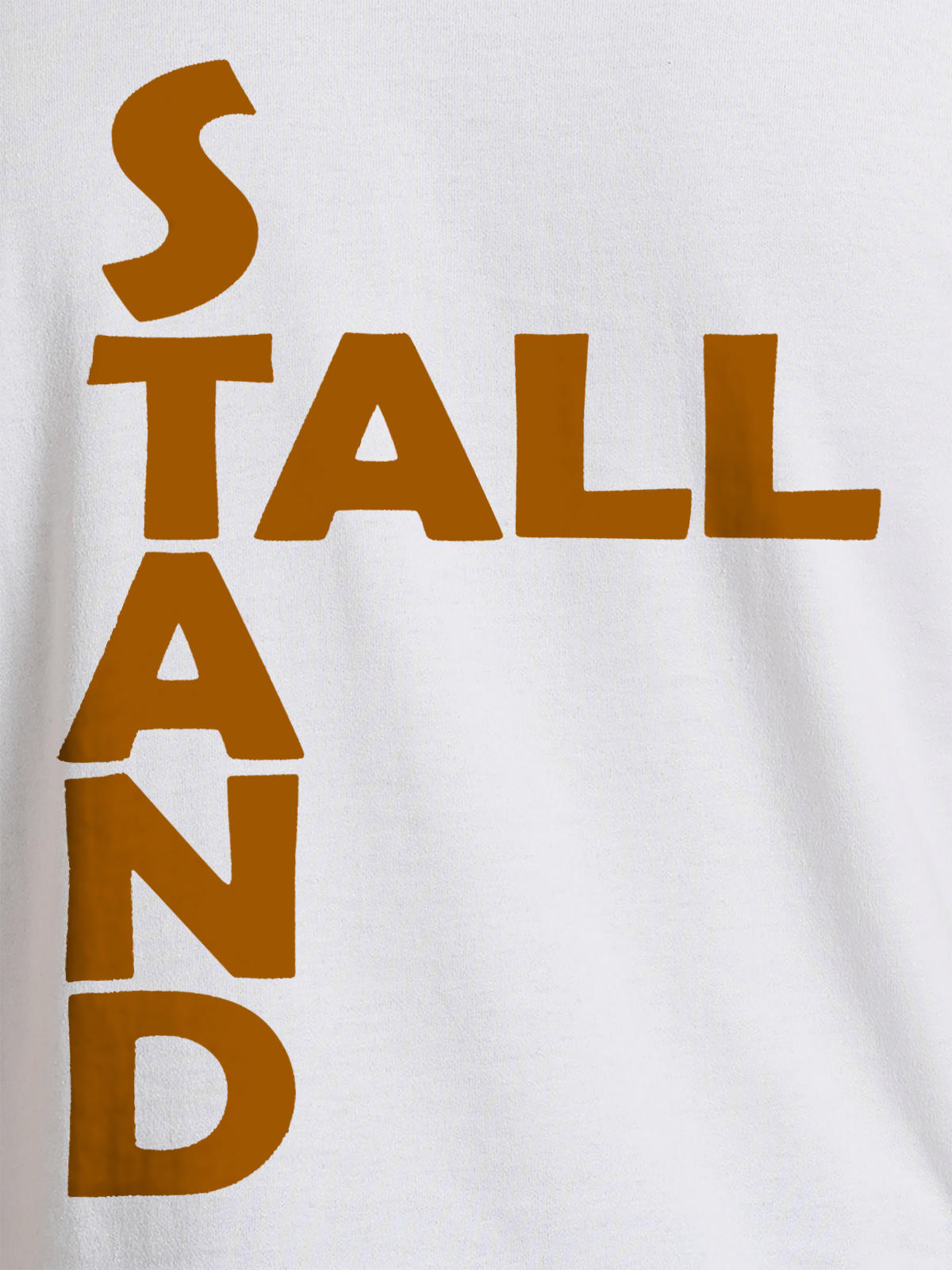 Close up of 'Stand Tall' design on Men's White Round Neck T-shirt, highlighting intricate details and vibrant print.