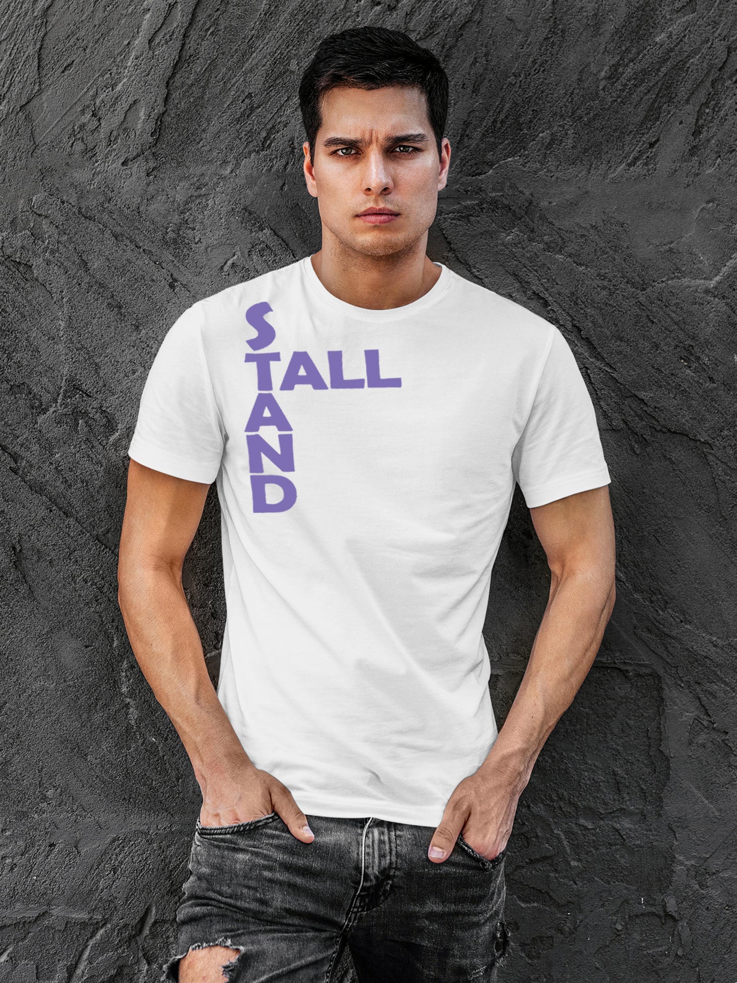 Model wearing Men's White Round Neck T-shirt with 'Stand Tall' design, offering effortless style and premium comfort