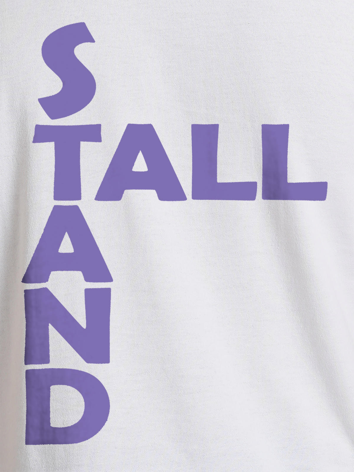 Close up of 'Stand Tall' design on Men's White Round Neck T-shirt, highlighting intricate details and vibrant print.