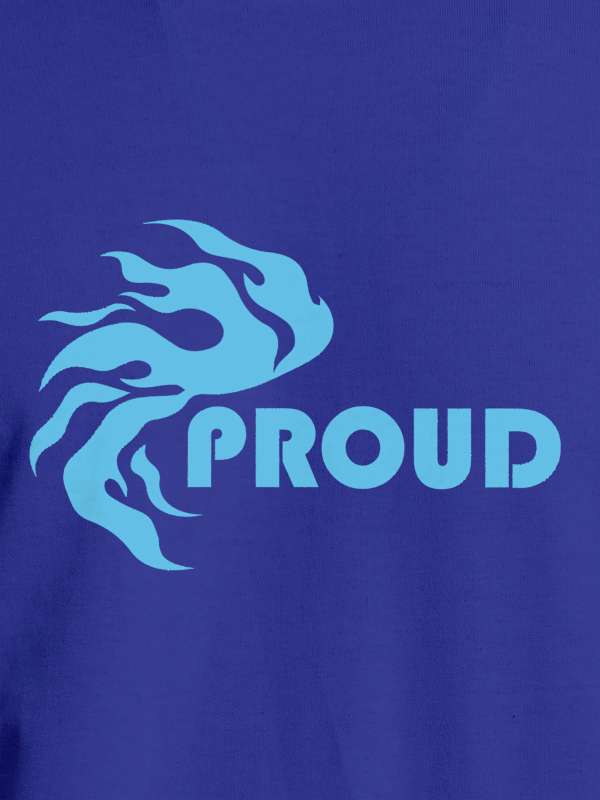Close up of 'Proud' design on Men's Blue Round Neck T-shirt, highlighting intricate details and vibrant print.