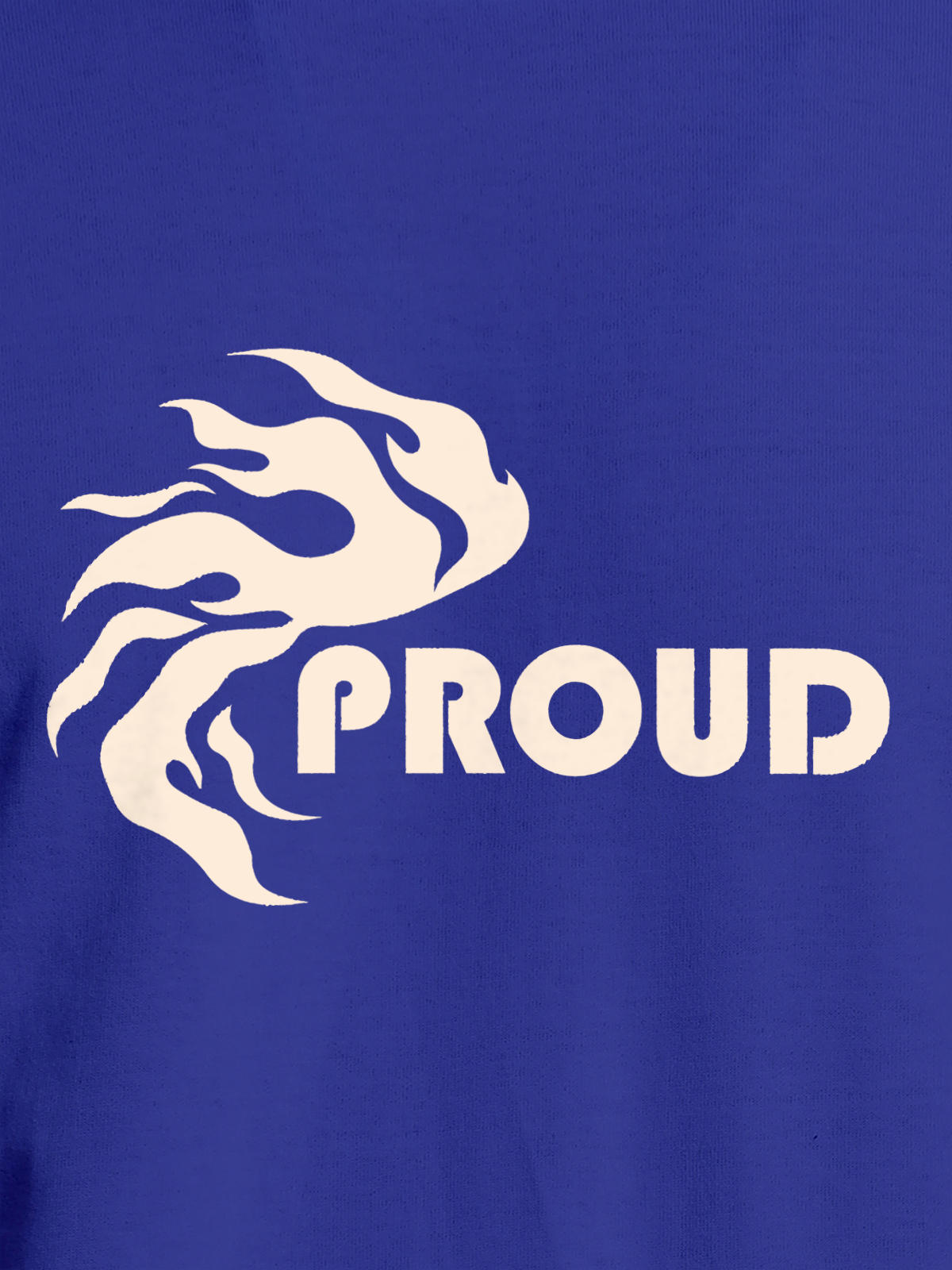Close up of 'Proud' design on Men's Blue Round Neck T-shirt, highlighting intricate details and vibrant print.