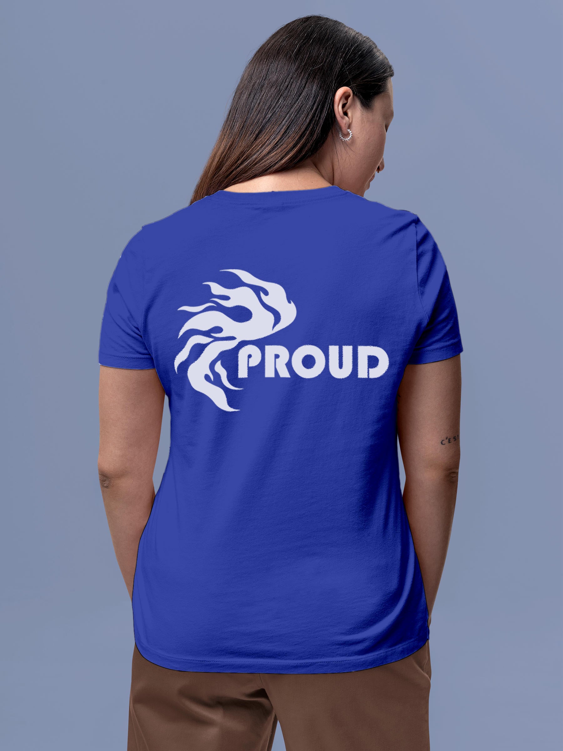 Model wearing Women's Blue Round Neck T-shirt with 'Proud' design, offering effortless style and premium comfort