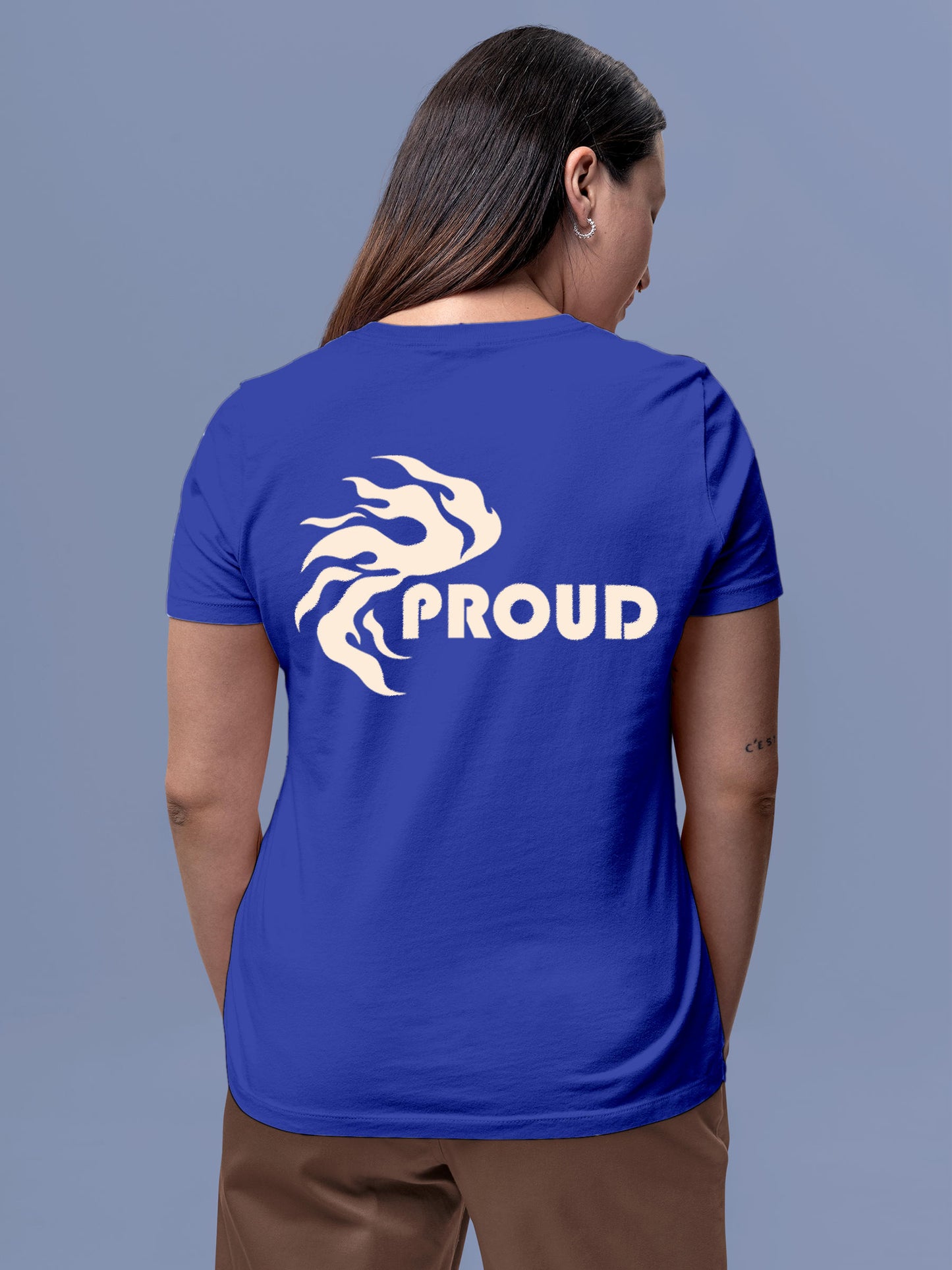 Model wearing Women's Blue Round Neck T-shirt with 'Proud' design, offering effortless style and premium comfort