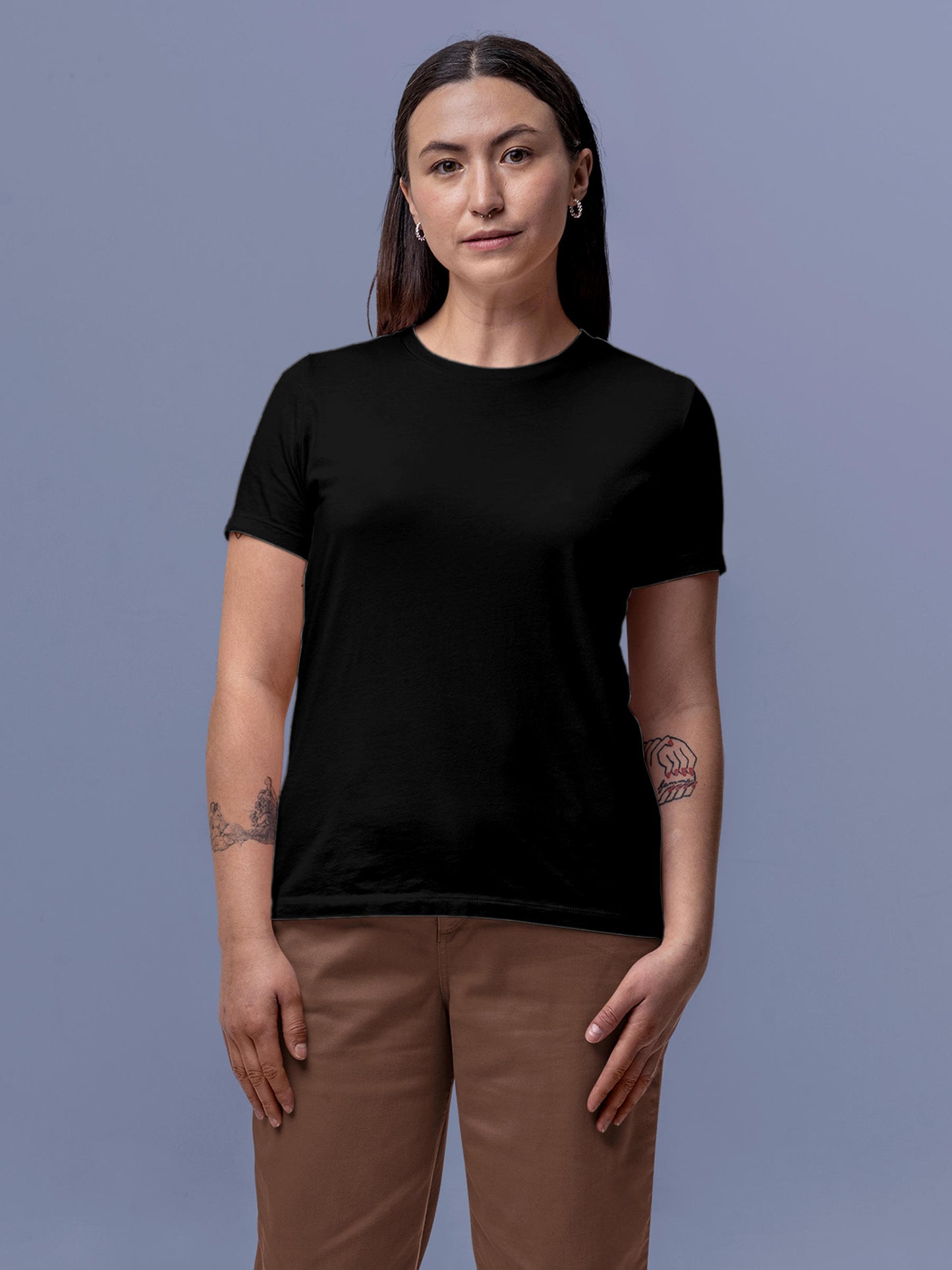 Front view of Fighterhero Women's Black Round Neck T-shirt, highlighting the modern look and clean finish