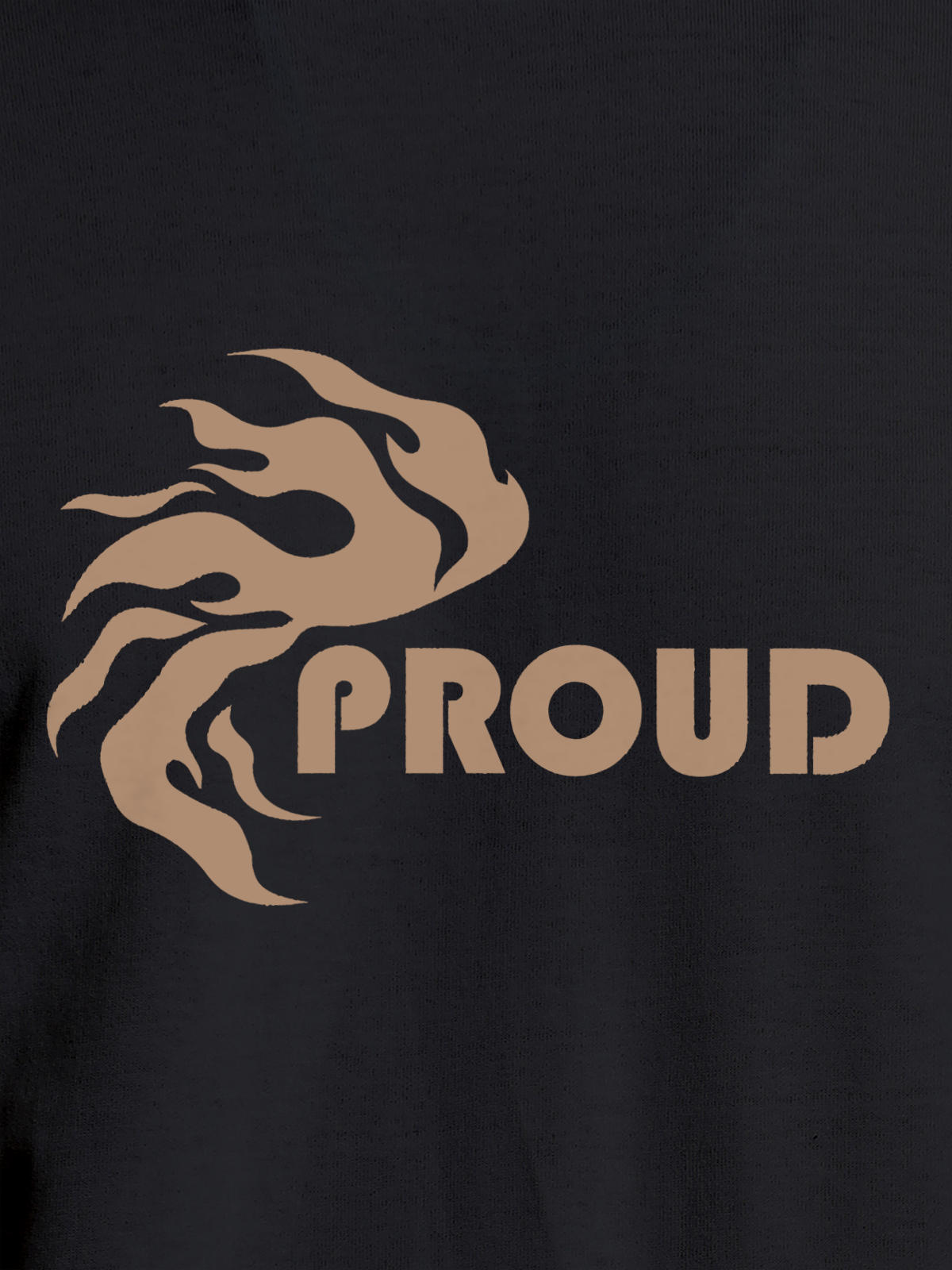 Close up of 'Proud' design on Men's Dark Grey Round Neck T-shirt, highlighting intricate details and vibrant print.