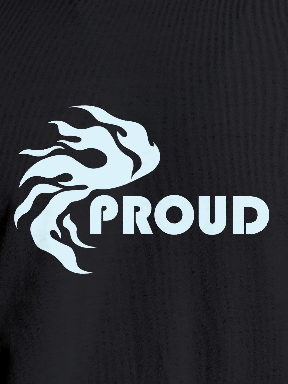 Close up of 'Proud' design on Men's Dark Grey Round Neck T-shirt, highlighting intricate details and vibrant print.