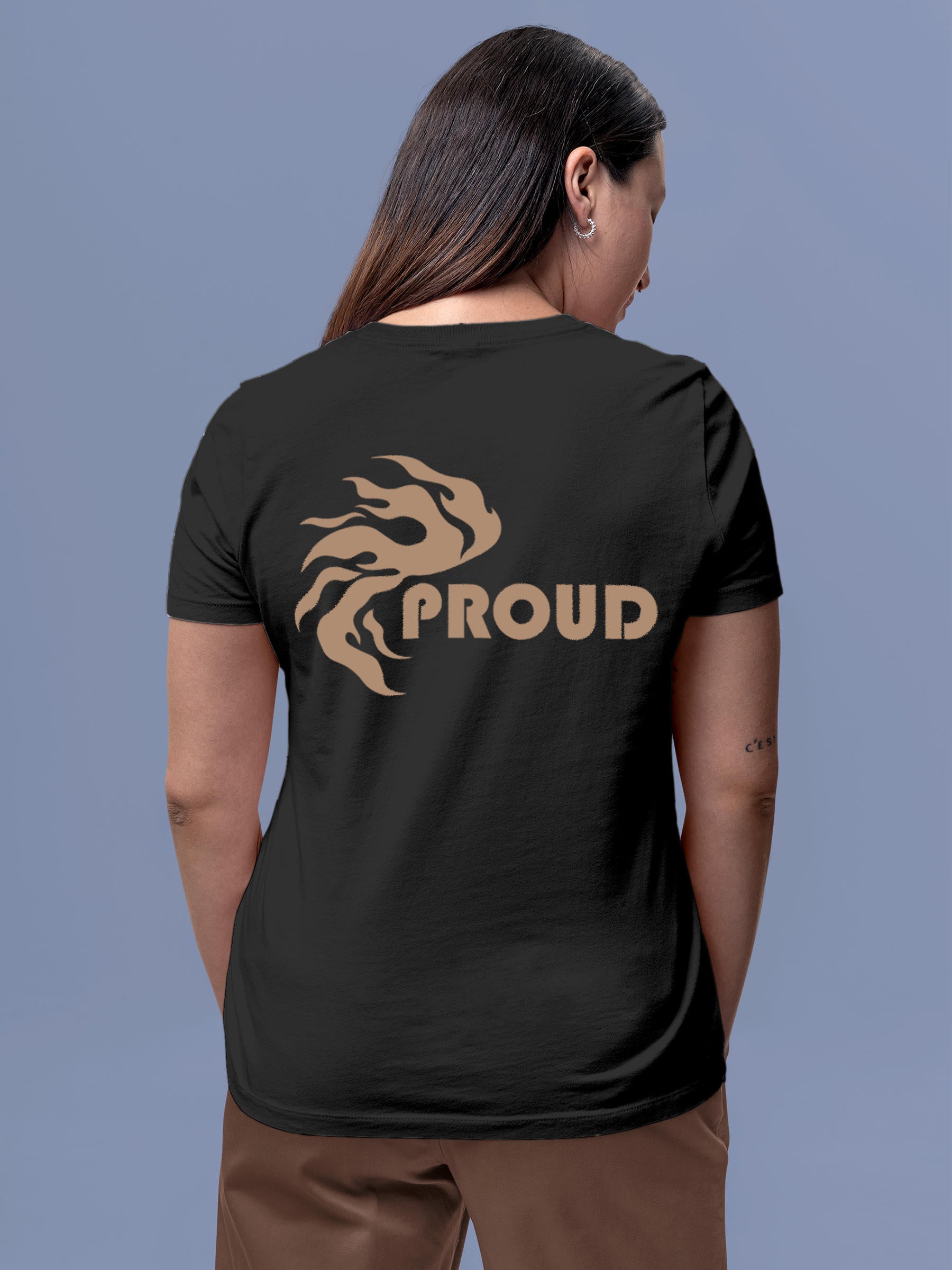 Model wearing Women's Dark Grey Round Neck T-shirt with 'Proud' design, offering effortless style and premium comfort