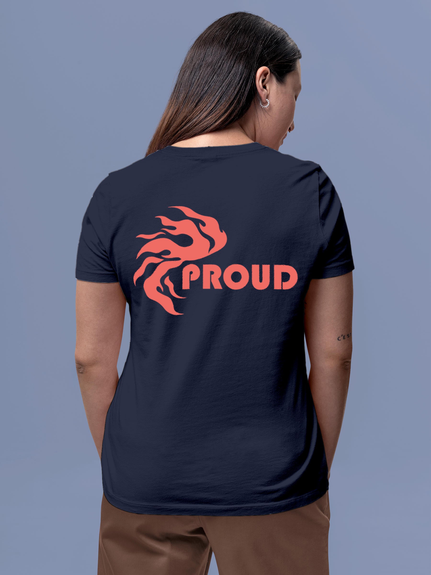 Model wearing Women's Navy Blue Round Neck T-shirt with 'Proud' design, offering effortless style and premium comfort