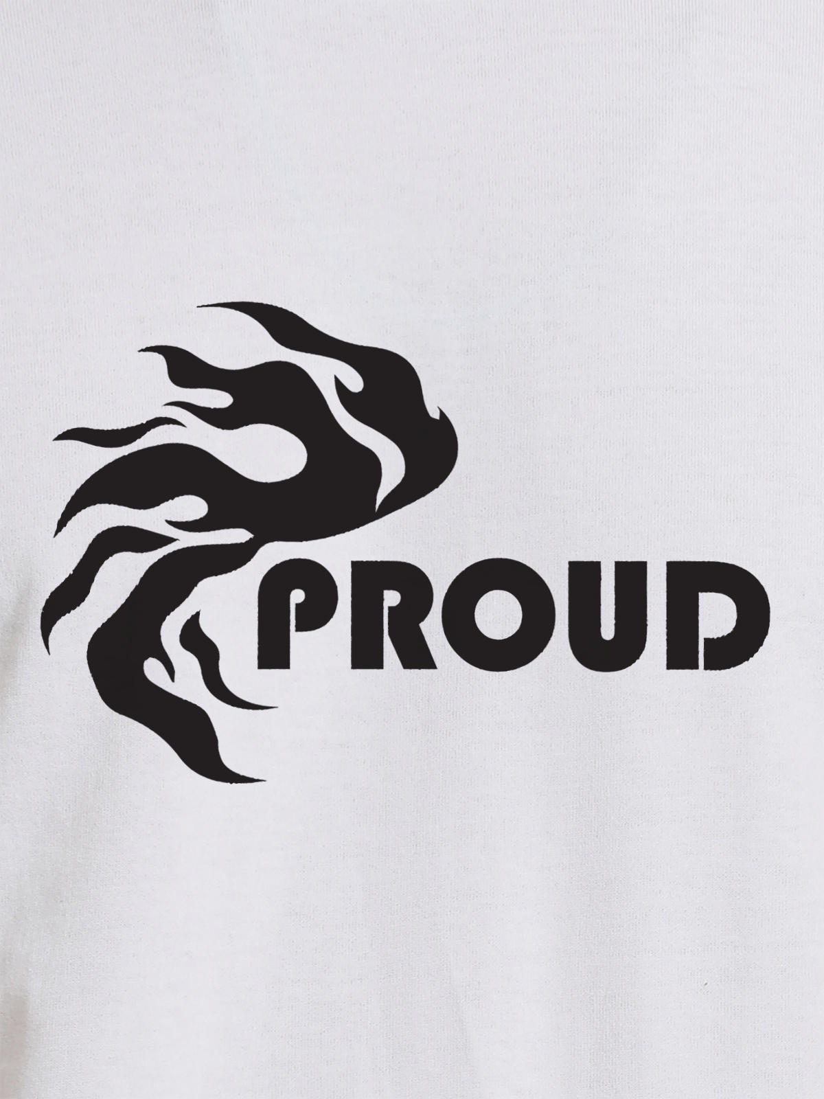 Close up of 'Proud' design on Men's White Round Neck T-shirt, highlighting intricate details and vibrant print.
