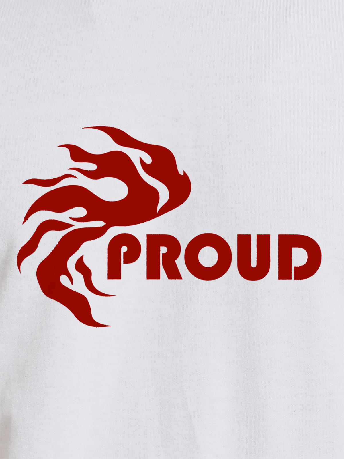 Close up of 'Proud' design on Men's White Round Neck T-shirt, highlighting intricate details and vibrant print.