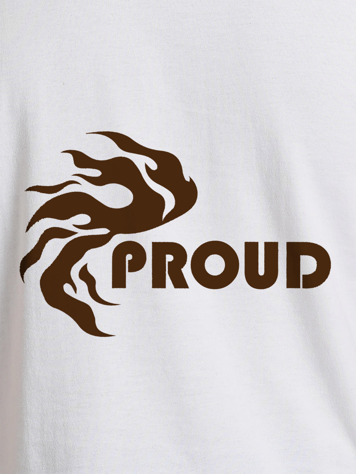 Close up of 'Proud' design on Women's White Round Neck T-shirt, highlighting intricate details and vibrant print.