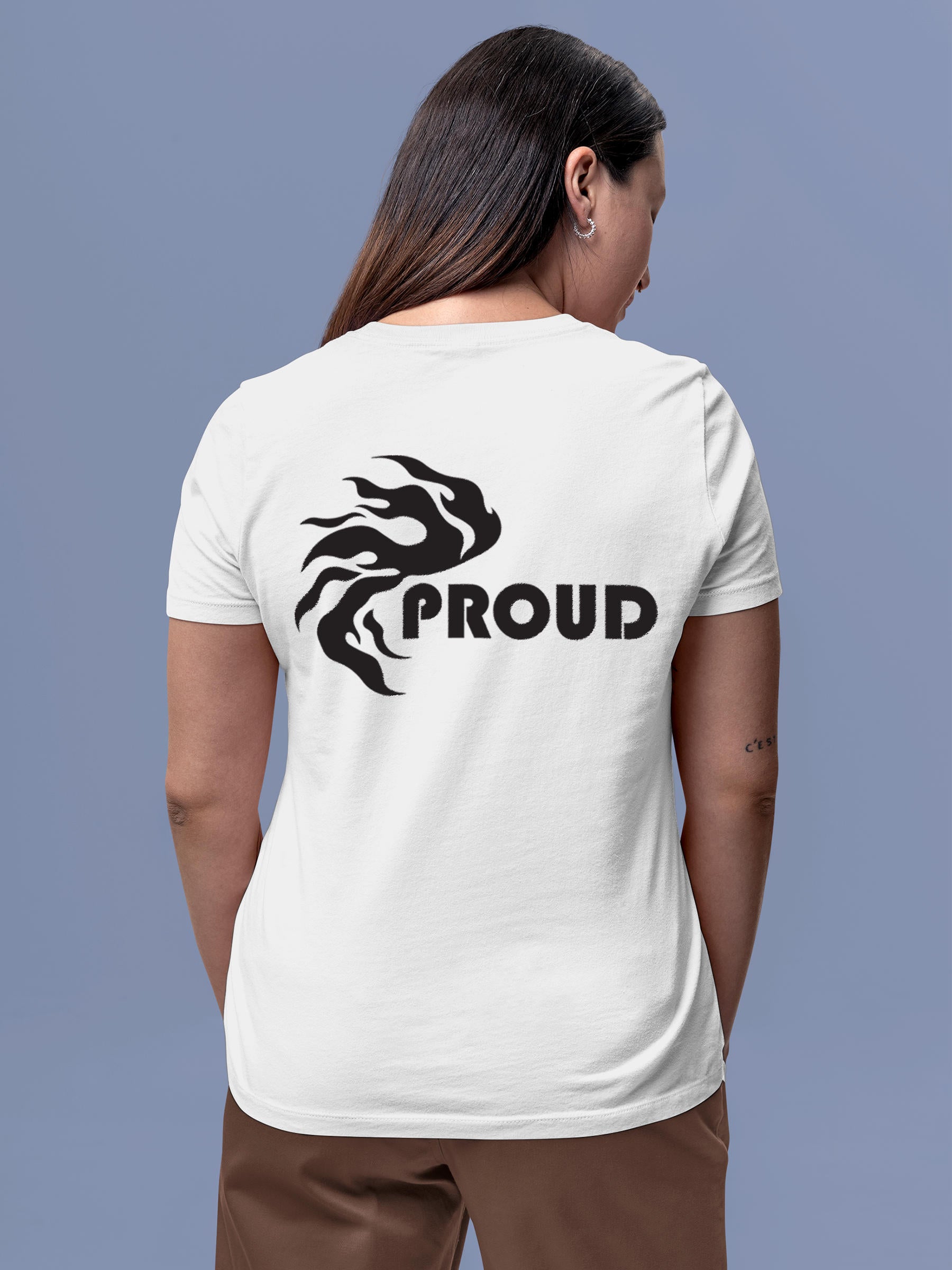 Model wearing Women's White Round Neck T-shirt with 'Proud' design, offering effortless style and premium comfort