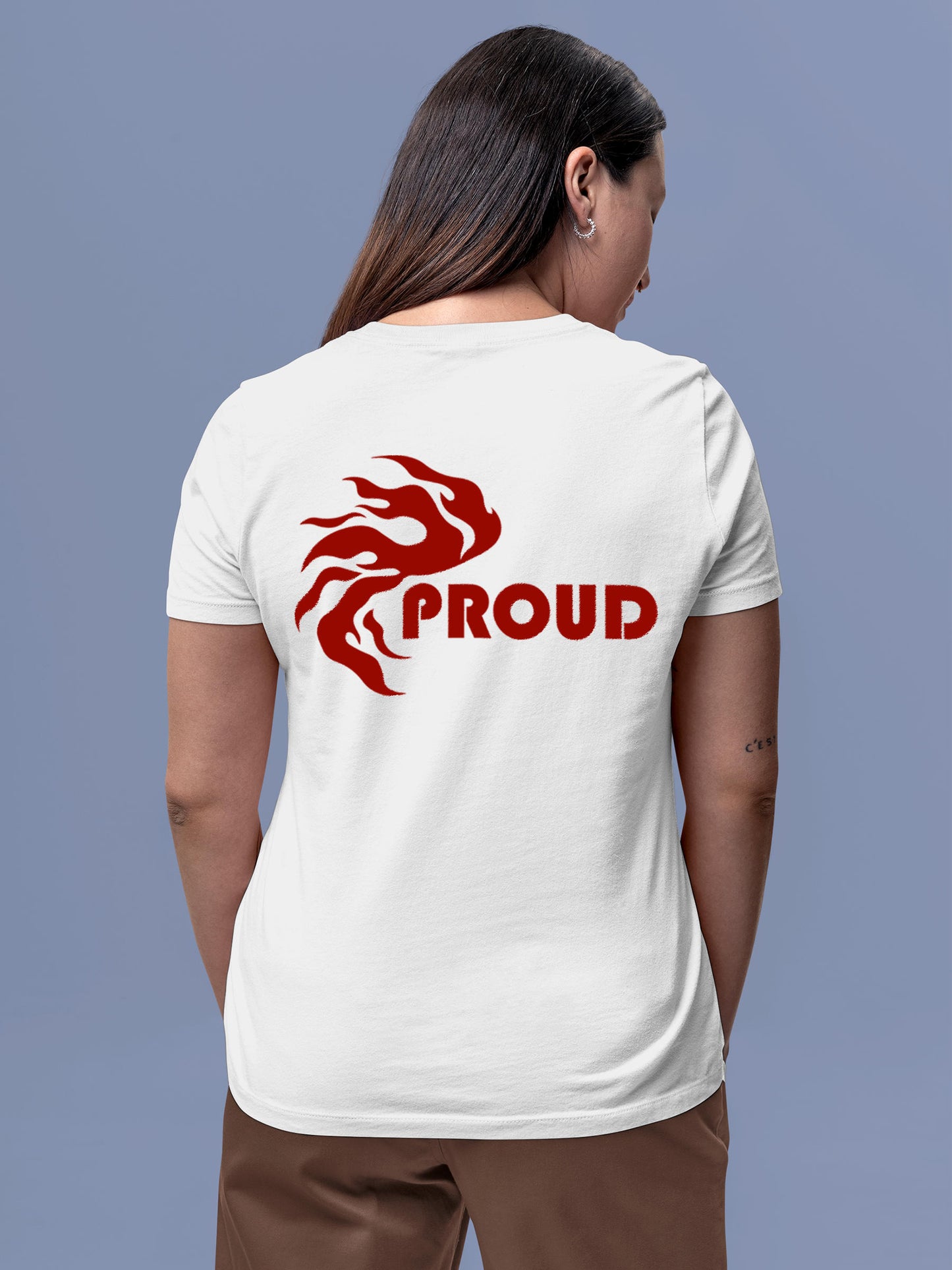 Model wearing Women's White Round Neck T-shirt with 'Proud' design, offering effortless style and premium comfort