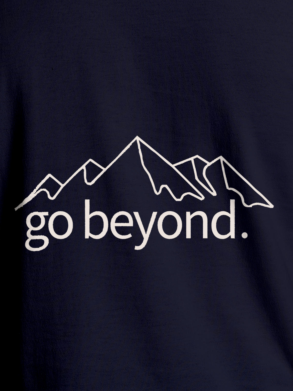Close up of 'Go Beyond' design on Men's Navy Blue Round Neck T-shirt, highlighting intricate details and vibrant print.