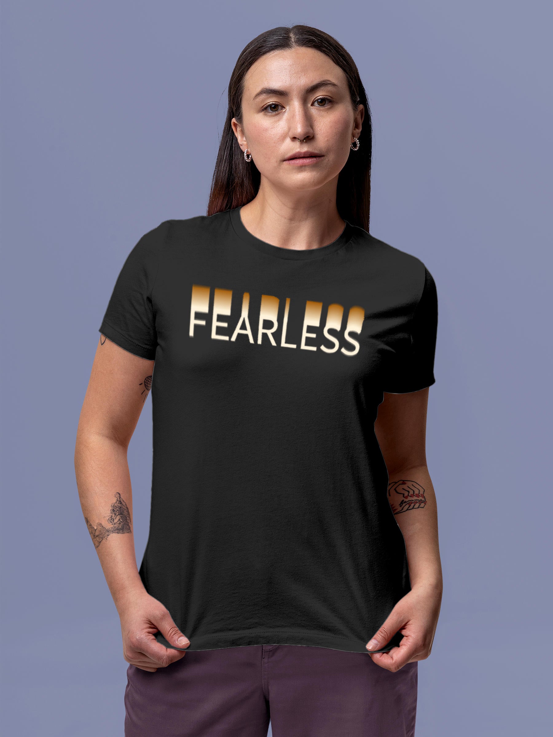 Model wearing Women's Dark Grey Round Neck T-shirt with 'Fearless' design, offering effortless style and premium comfort