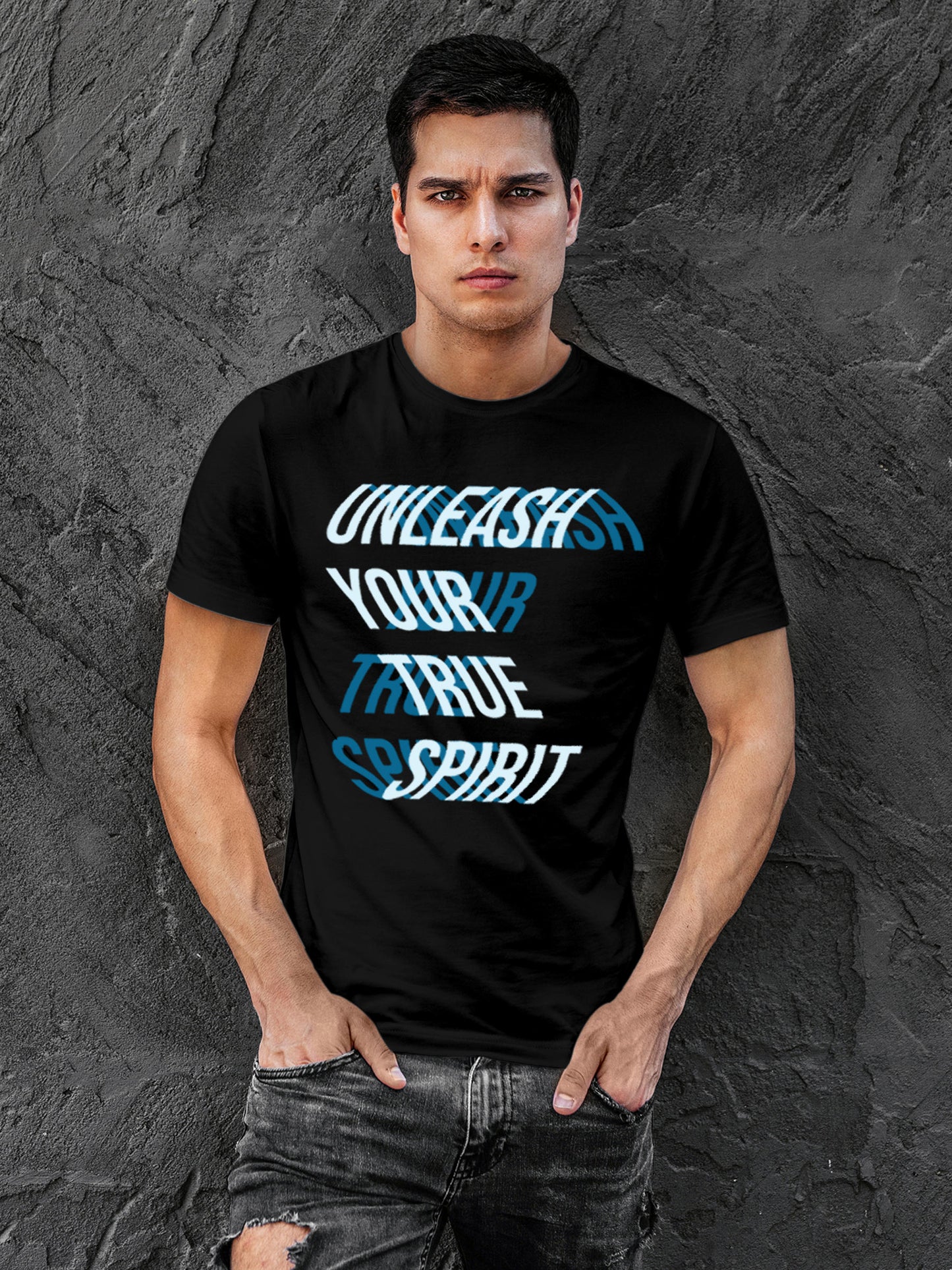 Model wearing Men's Black Round Neck T-shirt with 'Unleash Your True Spirit' design, offering effortless style and premium comfort