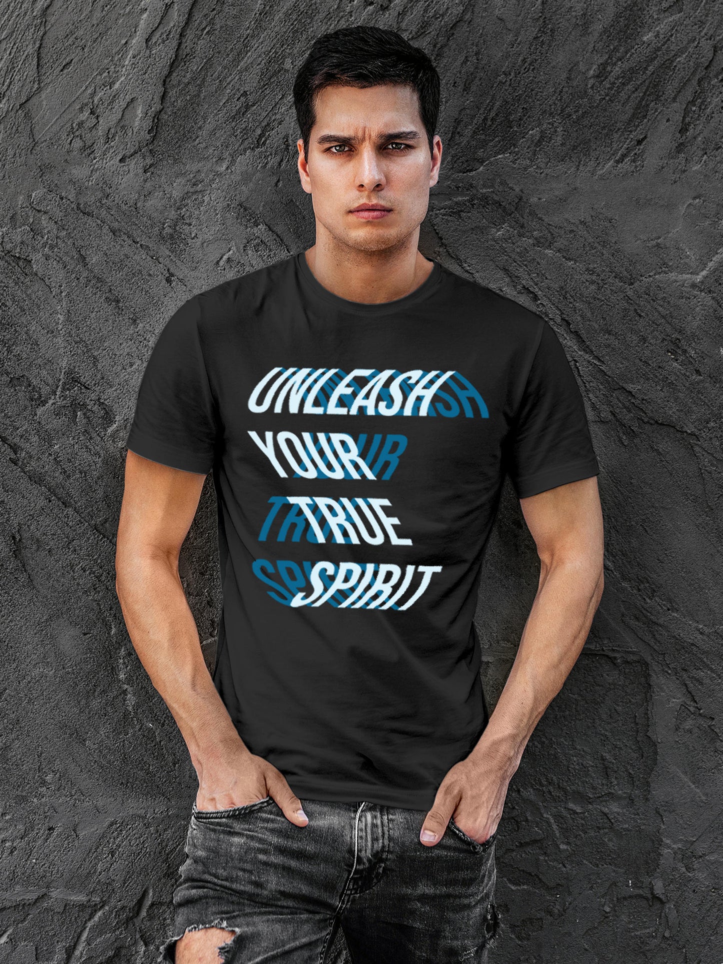 Model wearing Men's Dark Grey Round Neck T-shirt with 'Unleash Your True Spirit' design, offering effortless style and premium comfort