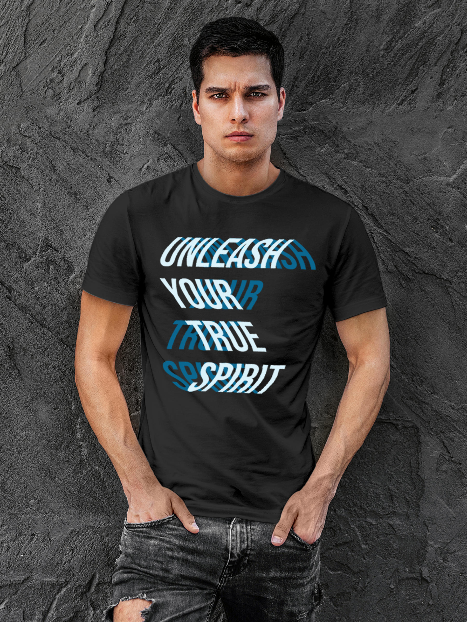 Model wearing Men's Dark Grey Round Neck T-shirt with 'Unleash Your True Spirit' design, offering effortless style and premium comfort