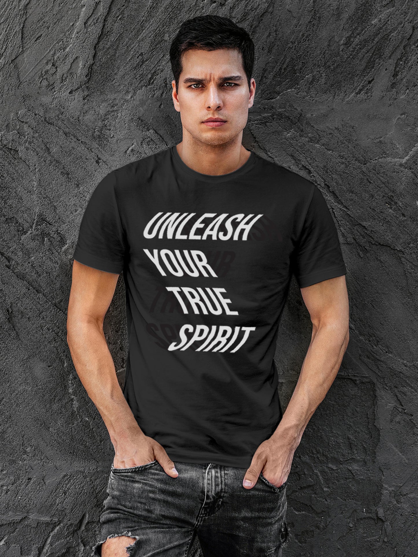 Model wearing Men's Dark Grey Round Neck T-shirt with 'Unleash Your True Spirit' design, offering effortless style and premium comfort